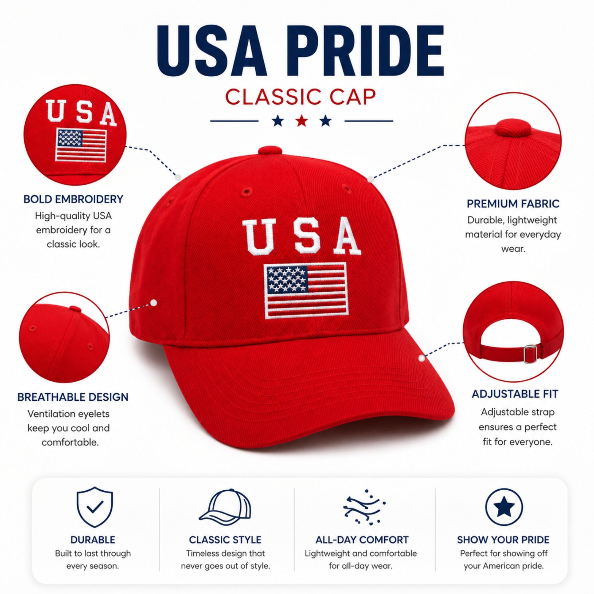 Unisex Cotton Baseball Cap with USA Embroidered Design