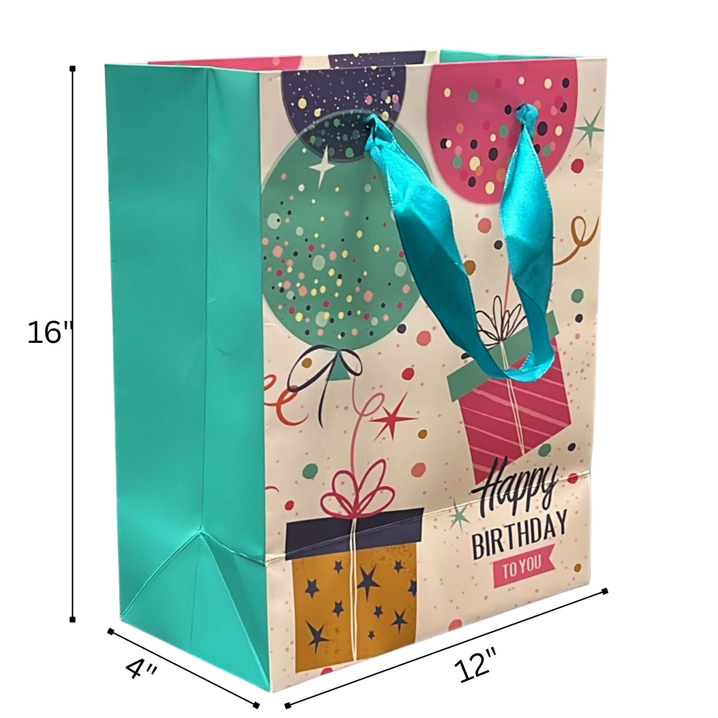 Colorful gift bag with birthday design and dimensions indicated