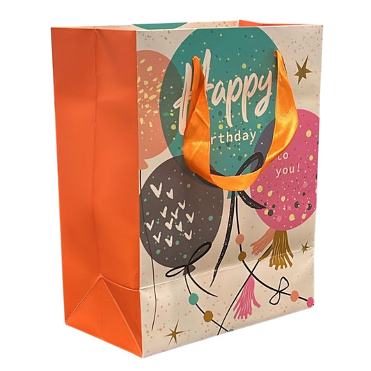 Colorful gift bag with 'Happy Birthday' text and bird illustrations on a white background