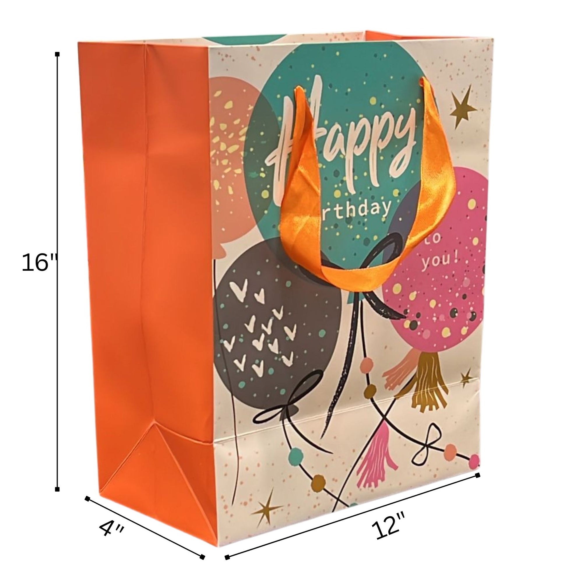 Gift bag with colorful design and 'Happy Birthday' text, dimensions indicated.