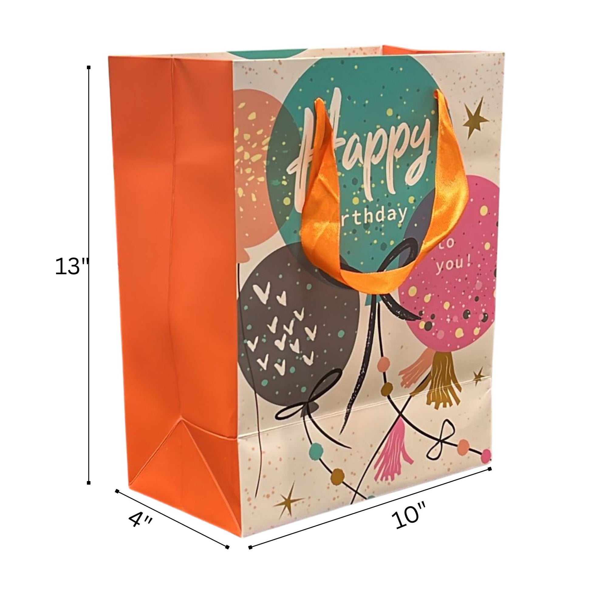 Gift bag with 'Happy Birthday' design and dimensions labeled
