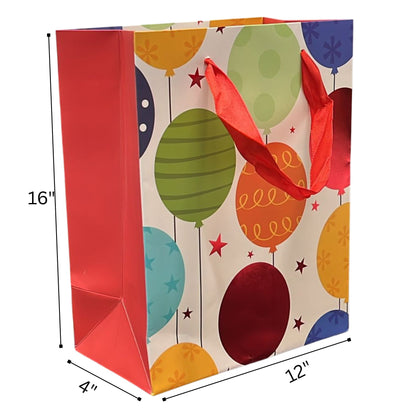 Colorful gift bag with balloon design and dimensions indicated