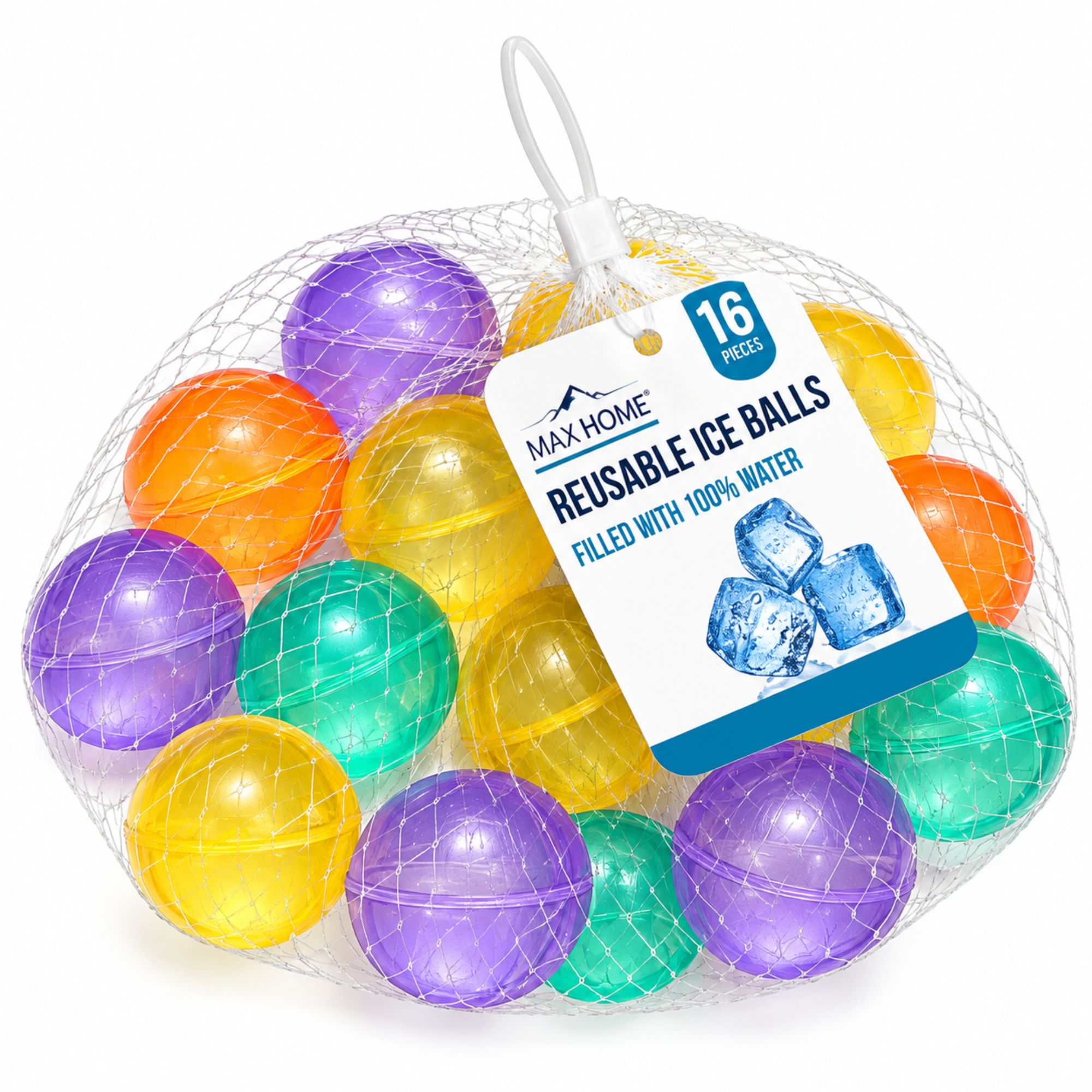 A mesh bag containing 16 reusable plastic ice balls in assorted bright colors, with a hanging product tag that reads MAX HOME REUSABLE ICE BALLS FILLED WITH 100% WATER.