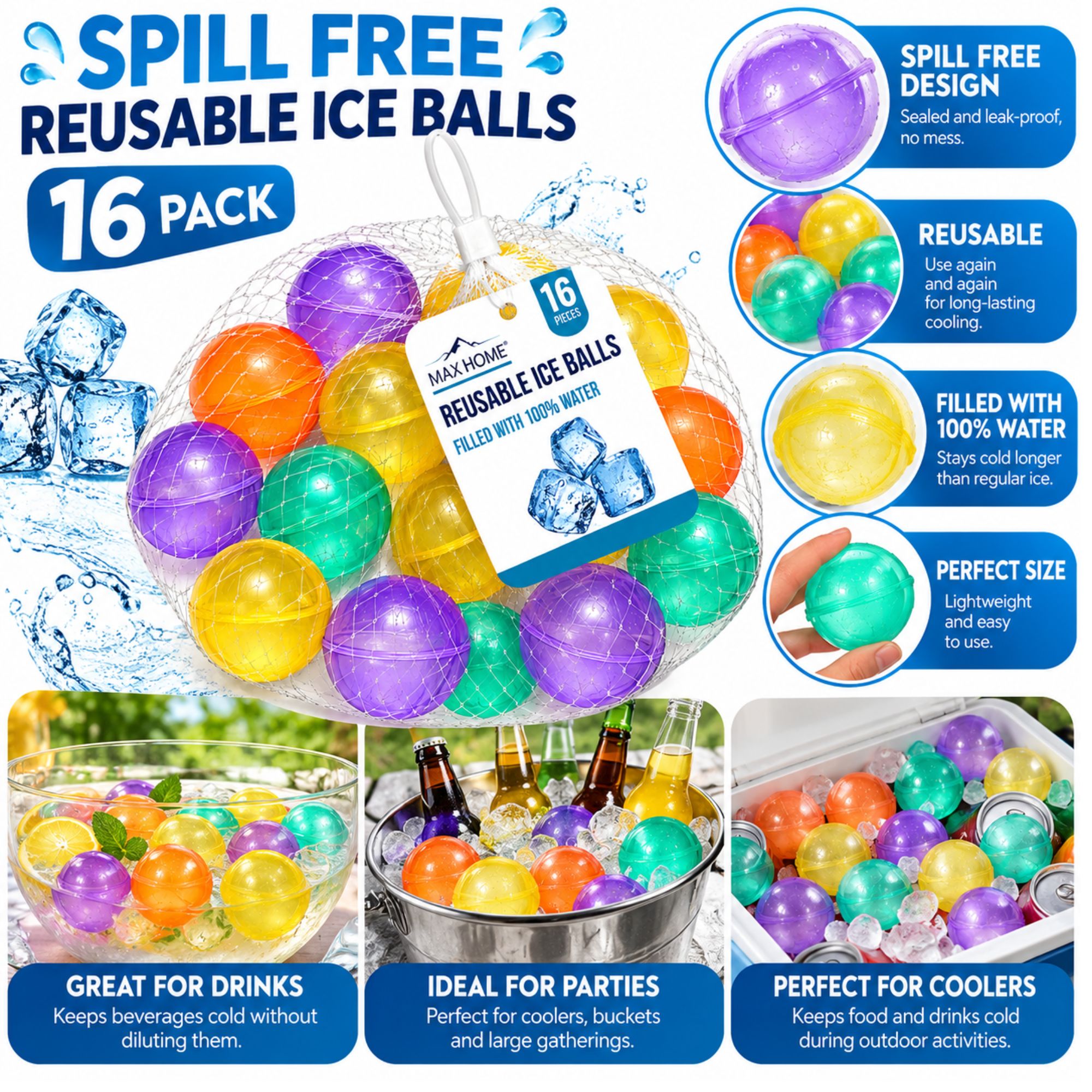 A 16-pack of reusable ice balls in a mesh bag, shown with promotional text and feature callouts. The balls are translucent and come in multiple colors including purple, orange, green, yellow, and blue.
