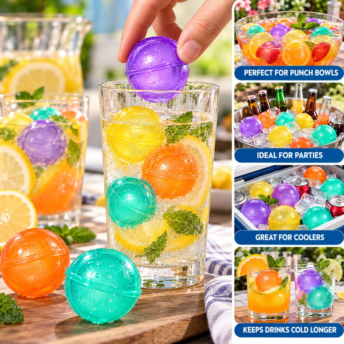 Colorful spherical ice balls shown being used in a glass of cocktail, with inset panels demonstrating them in punch bowls, ice buckets, and as cocktail coolers.