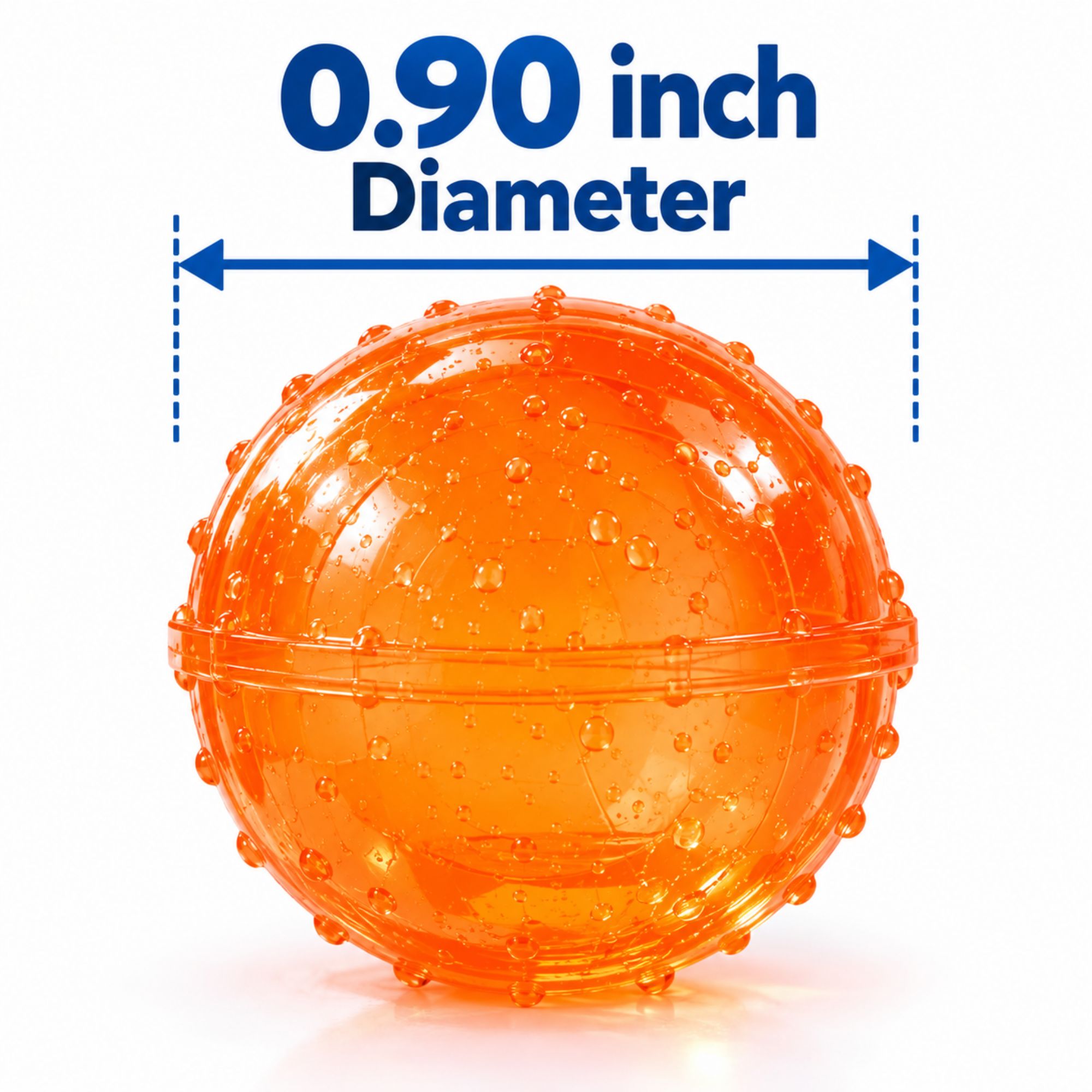 An orange translucent plastic ball with raised textured bumps, shown on a white background with blue text reading '0.90 inch Diameter' and a measurement arrow.