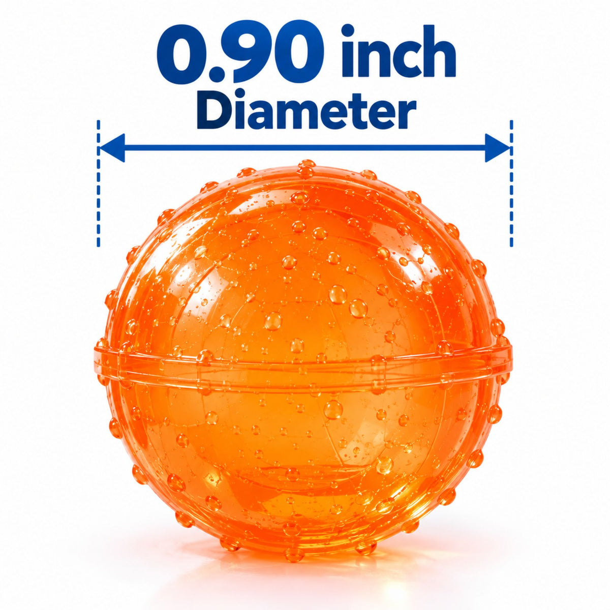 An orange translucent plastic ball with raised textured bumps, shown on a white background with blue text reading '0.90 inch Diameter' and a measurement arrow.