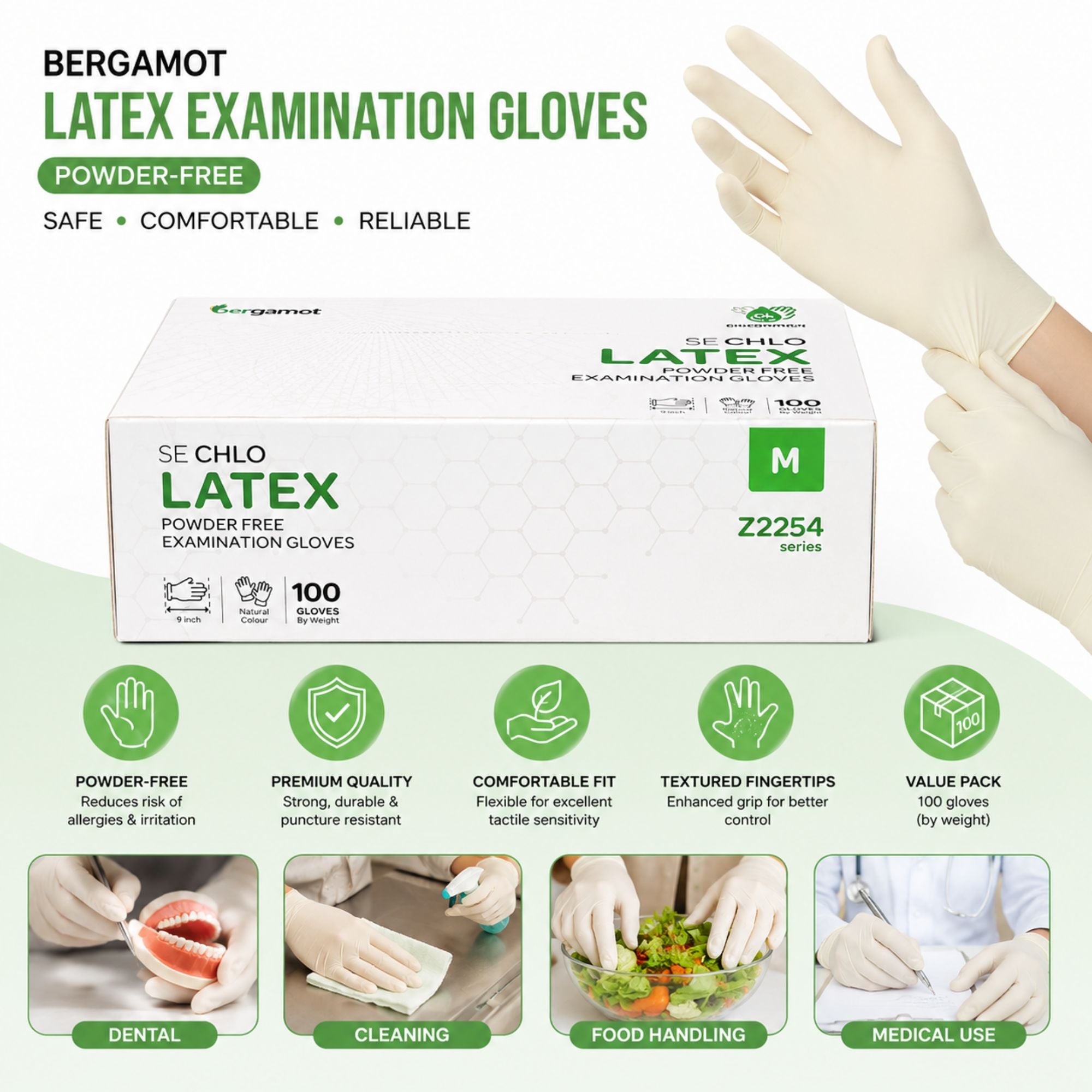 SE CHLO BERGAMot latex examination gloves powder-free, shown with a white and green box of size M (100 gloves) and a hand wearing a glove. Features marketing text and dental, cleaning, food handling, and medical use application icons at the bottom.