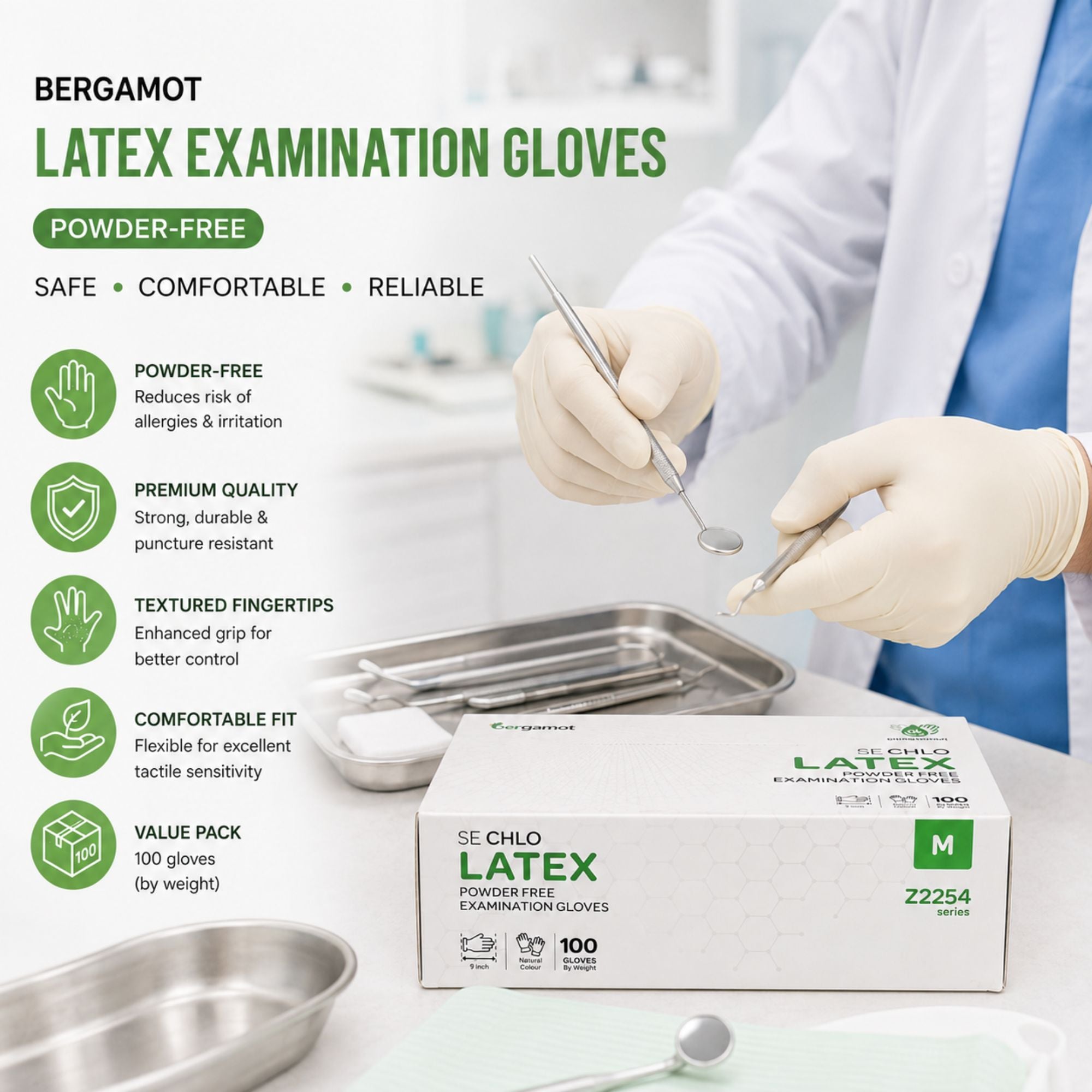 Bergamot latex examination gloves shown in a clinical setting with a person in a white lab coat handling instruments. The image includes product features text on the left and a box of SE CHLO LATEX powder-free examination gloves in the foreground.