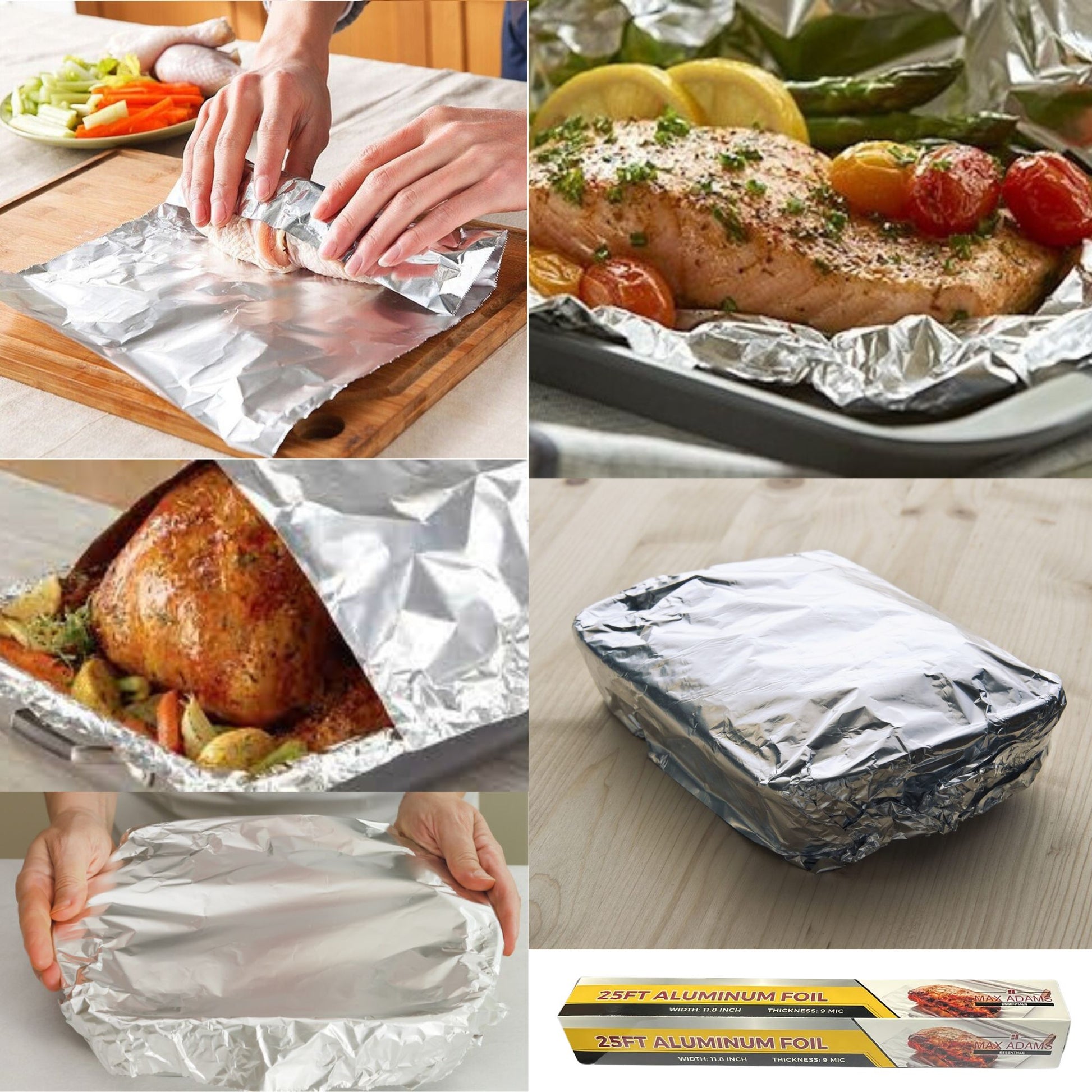 Collage of using aluminum foil for cooking and wrapping food.
