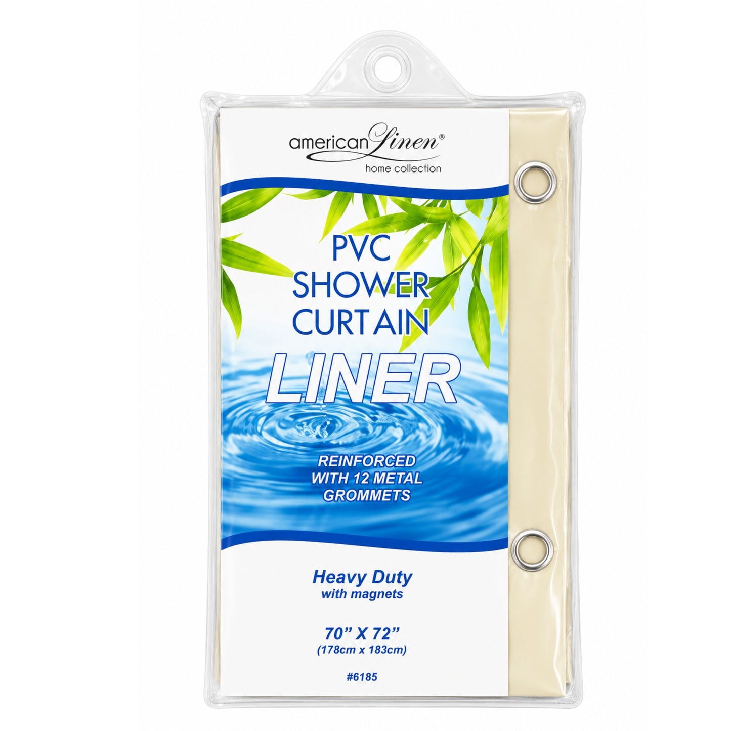 PVC shower curtain liner packaging with water design and green leaves on a white background