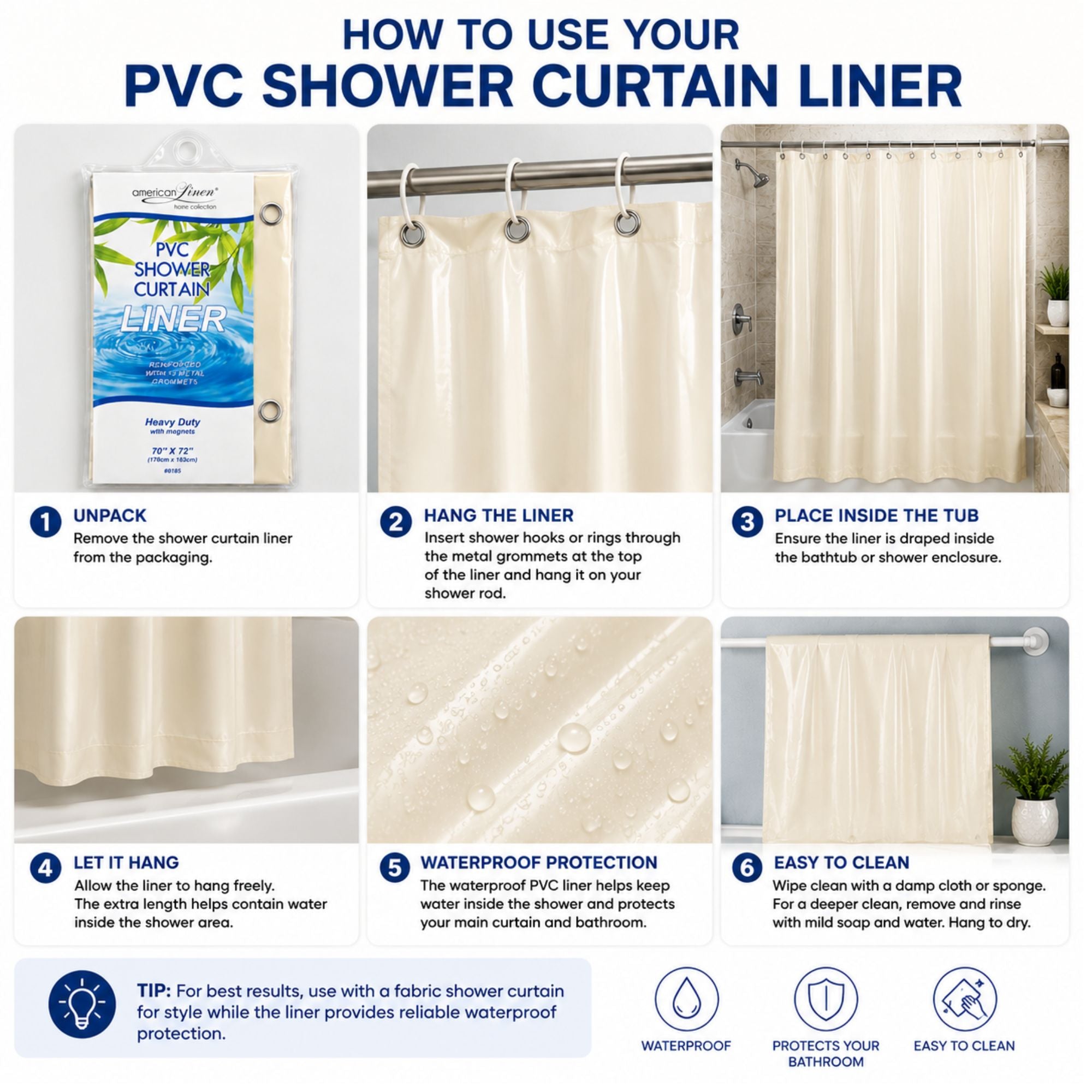 Instructions on how to use a PVC shower curtain liner with images and text.