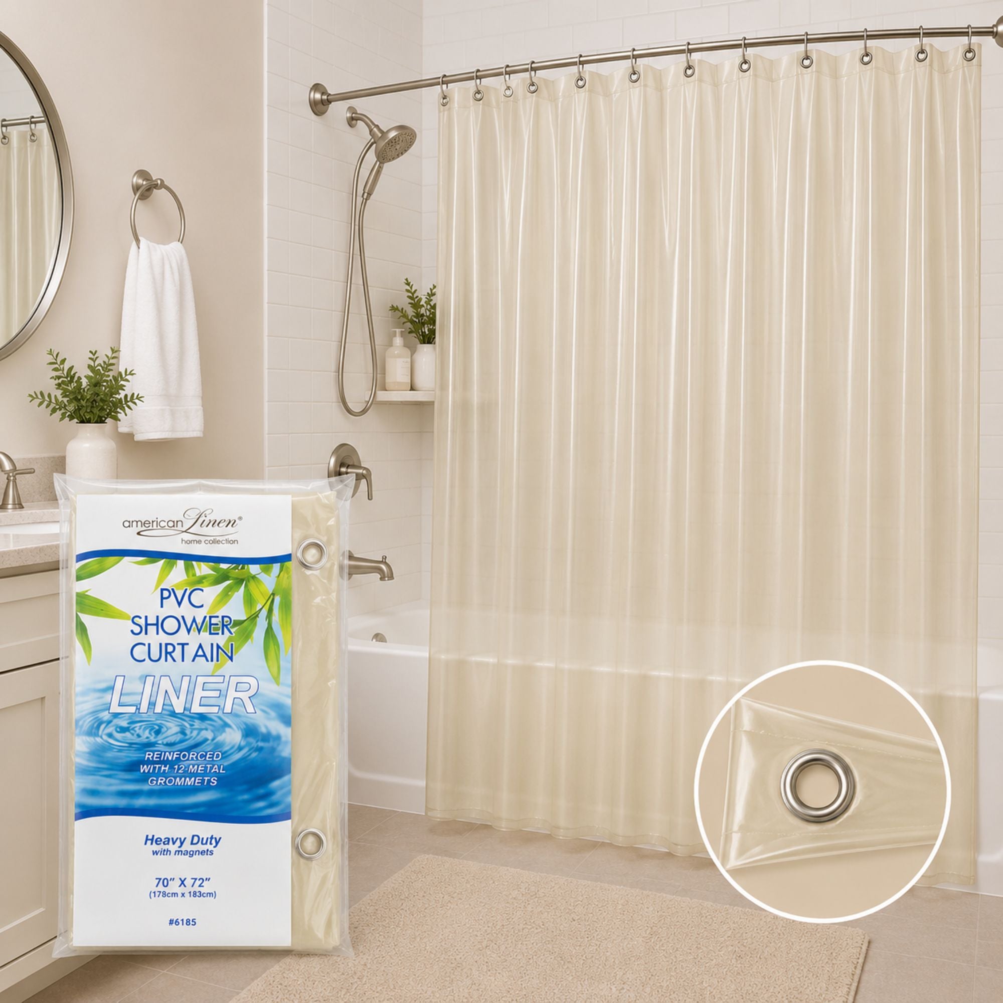 Beige shower curtain liner with packaging in a bathroom setting