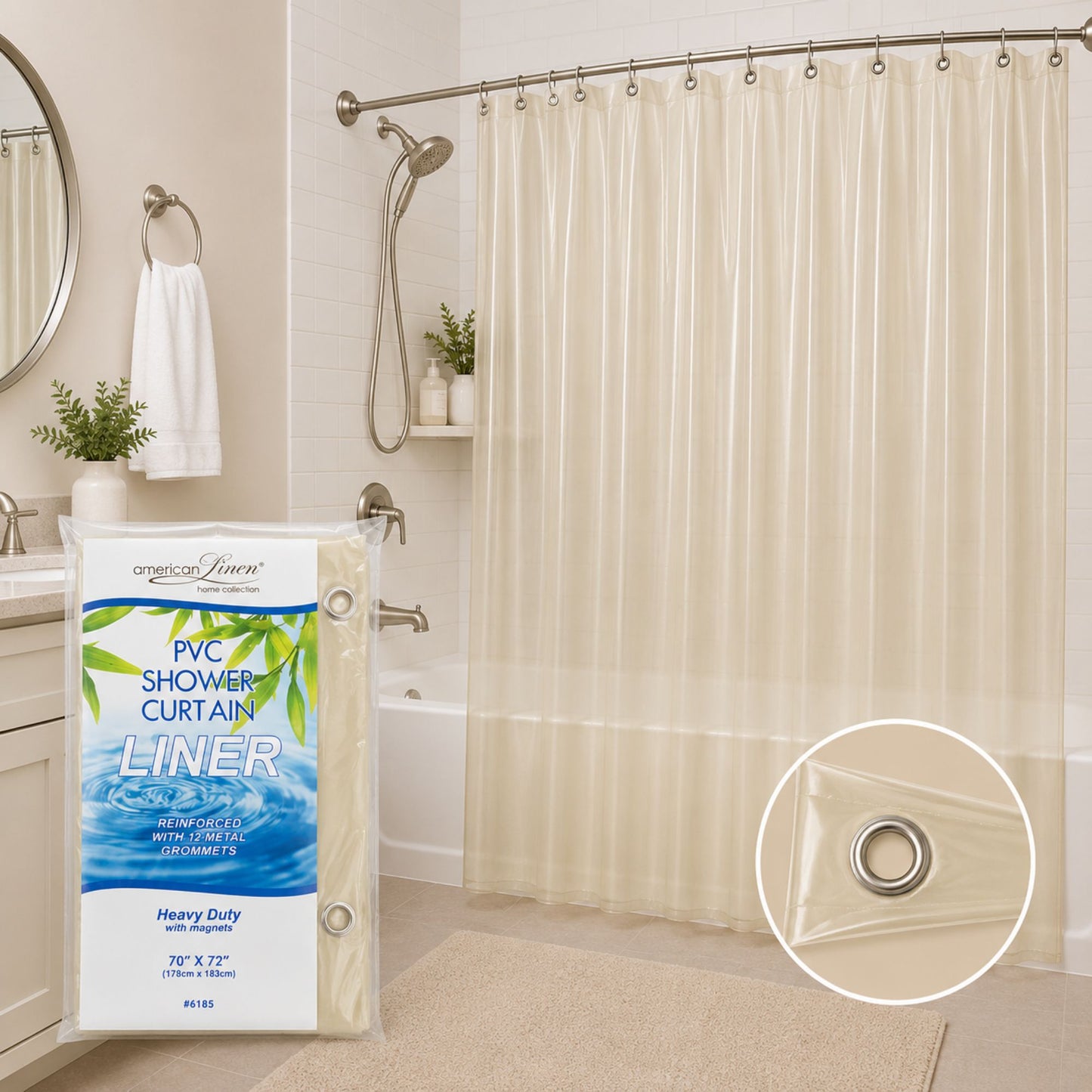 Beige shower curtain liner with packaging in a bathroom setting