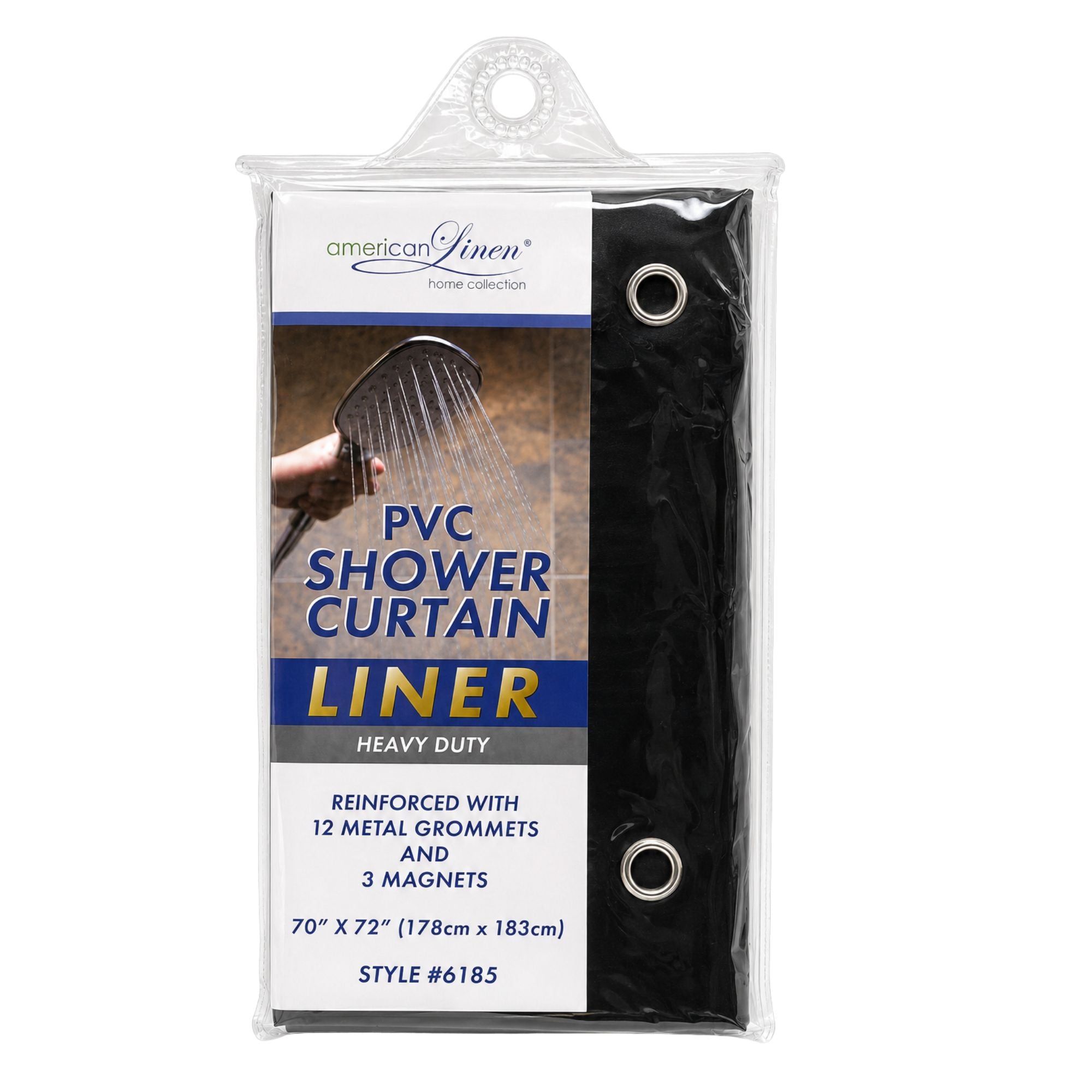 PVC shower curtain liner packaging with text and product image on a white background