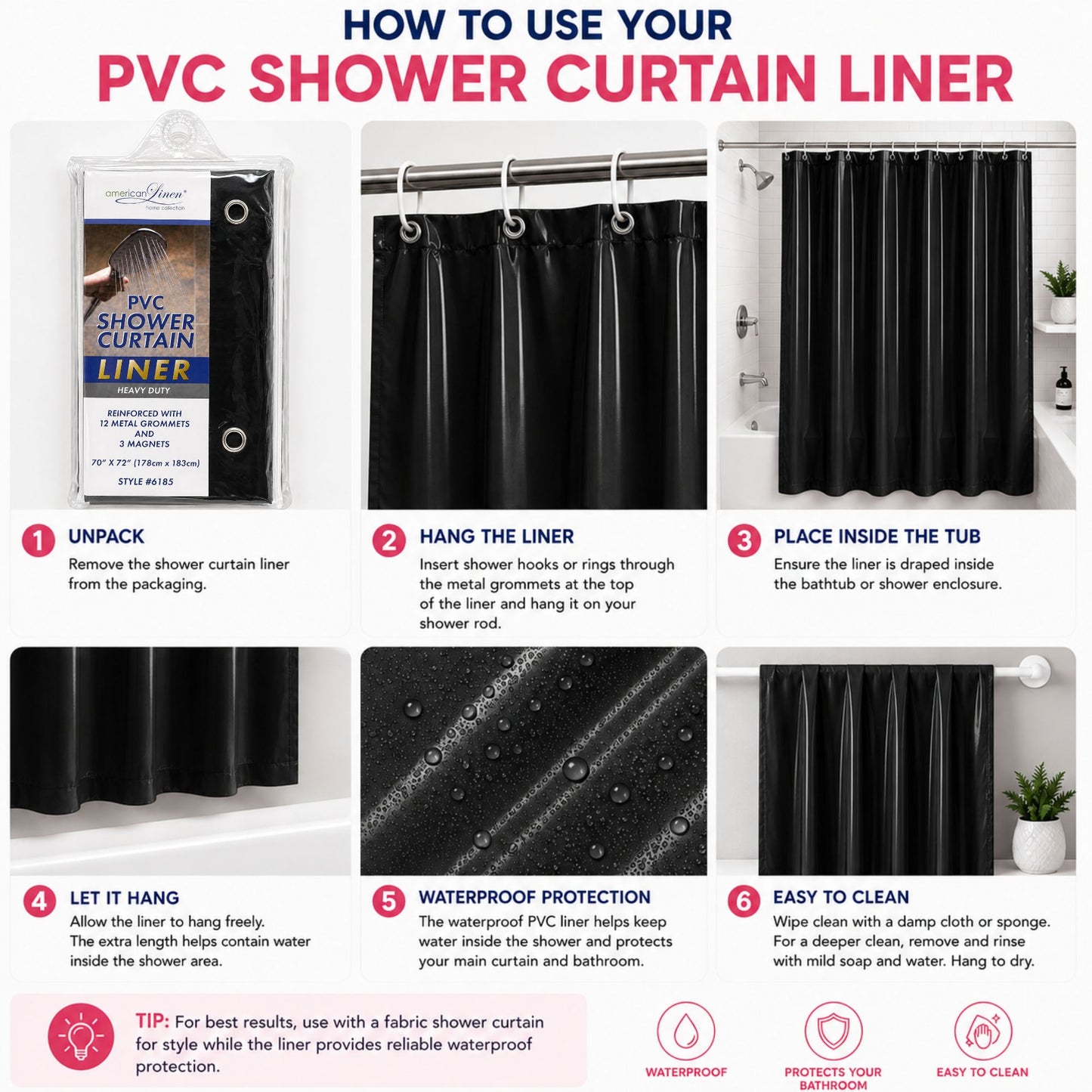 Instructions on how to use a PVC shower curtain liner with images and text.
