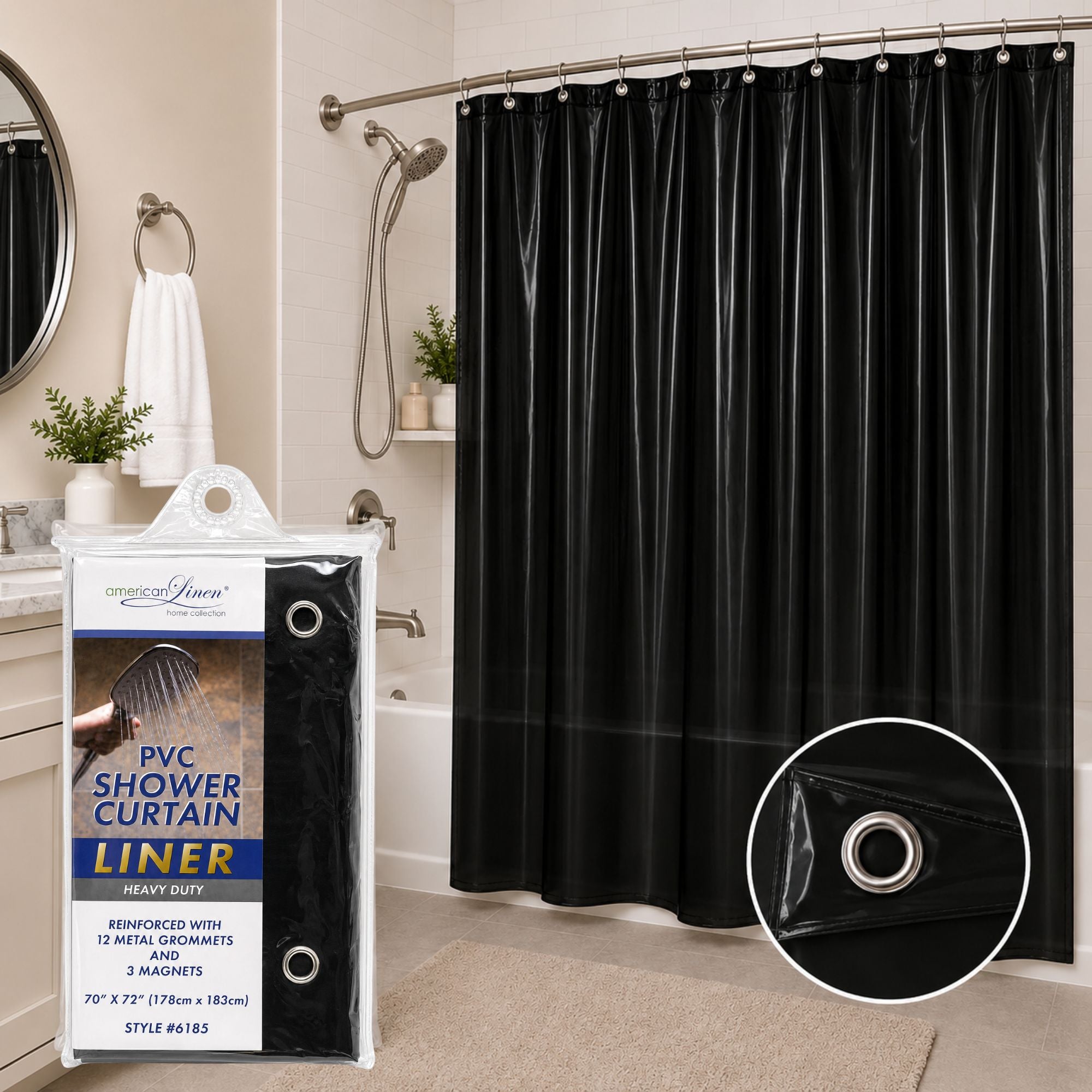 Black shower curtain with packaging and close-up detail in a bathroom setting