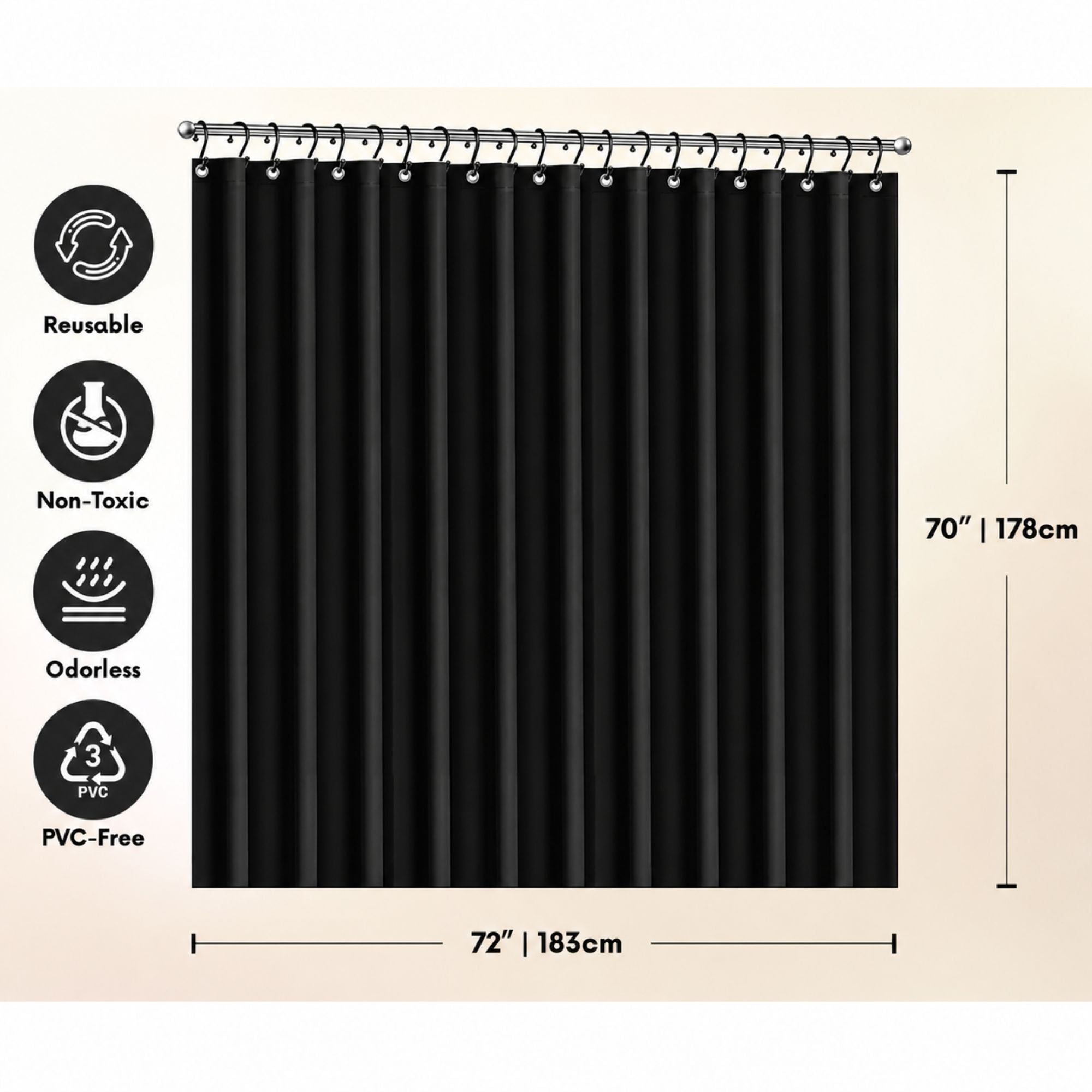 Black shower curtain with measurement details on a beige background