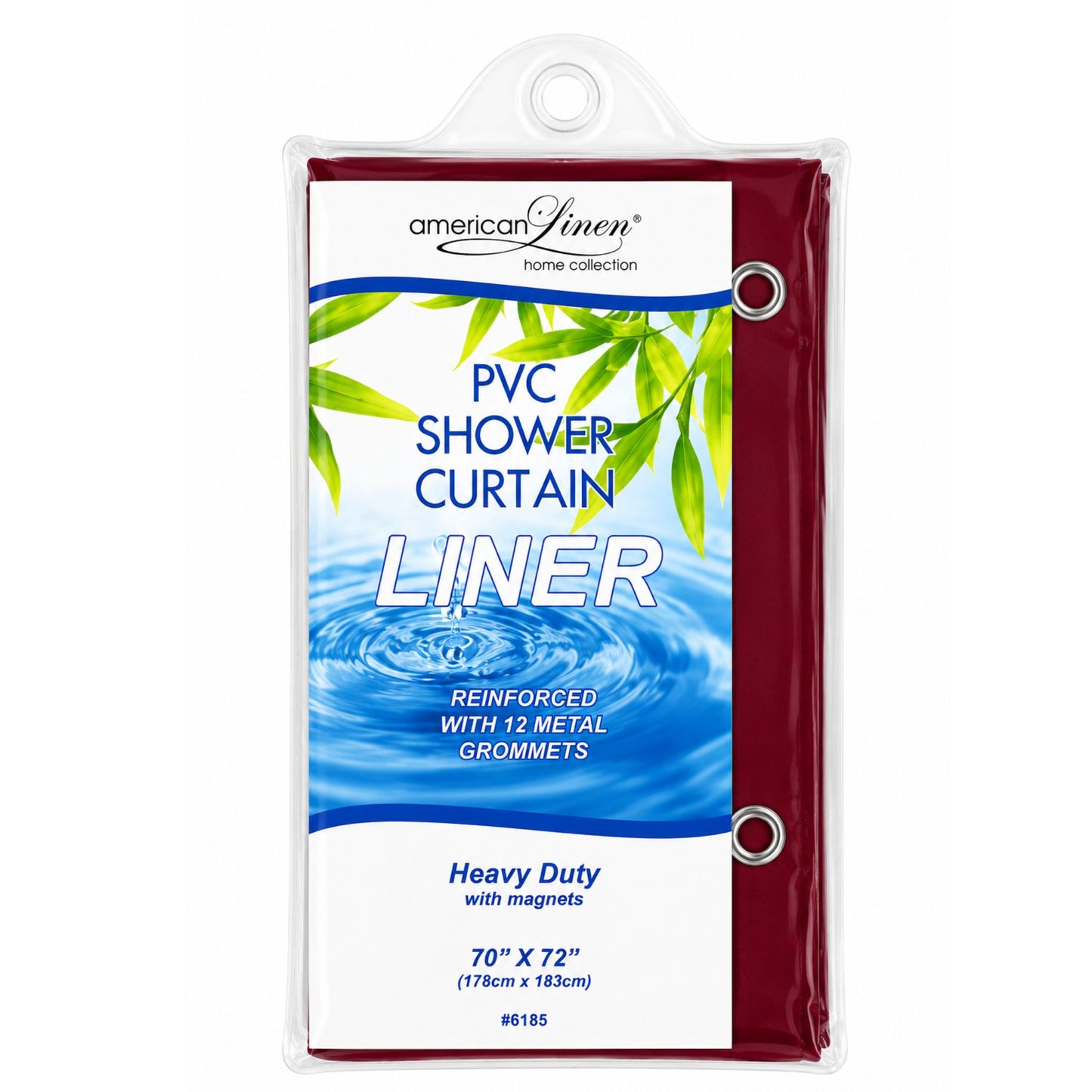 PVC shower curtain liner packaging with American Linen branding on a white background