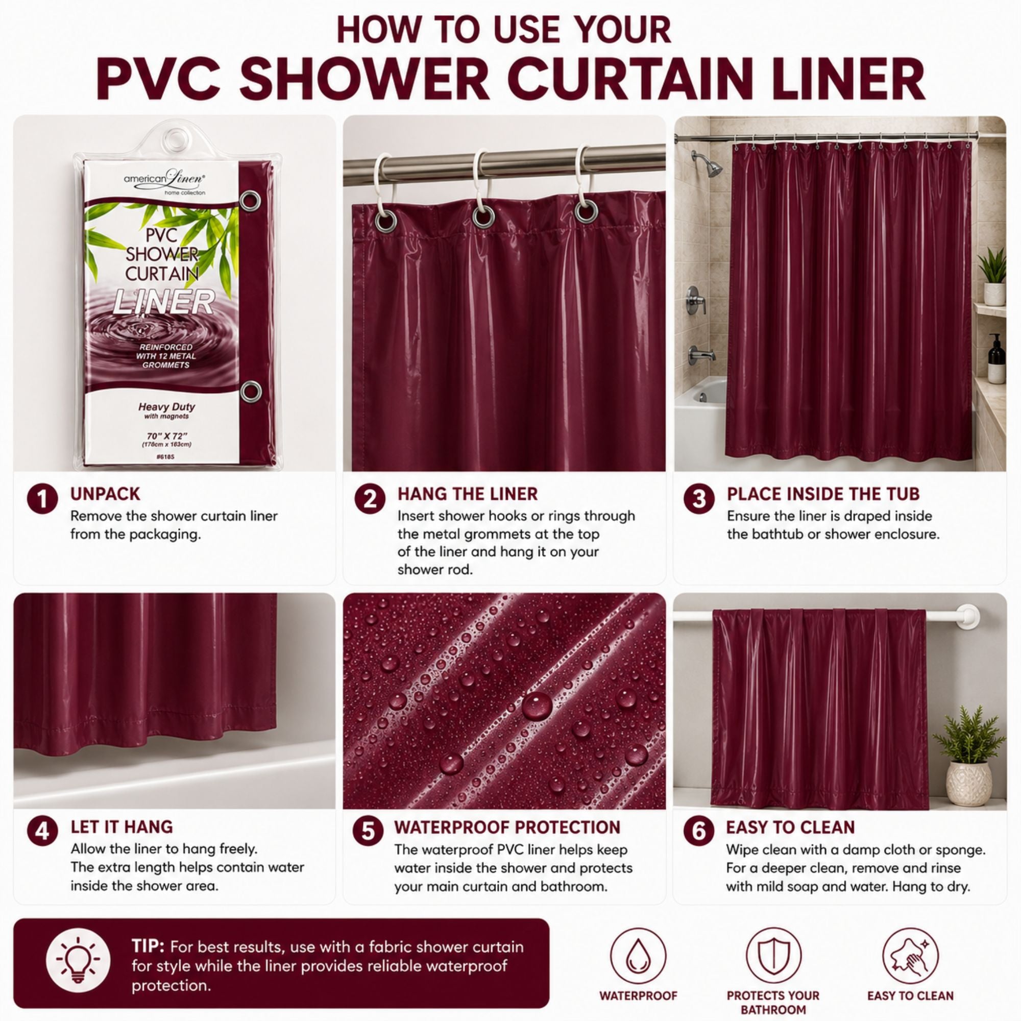 Instructions on how to use a PVC shower curtain liner with images and text.
