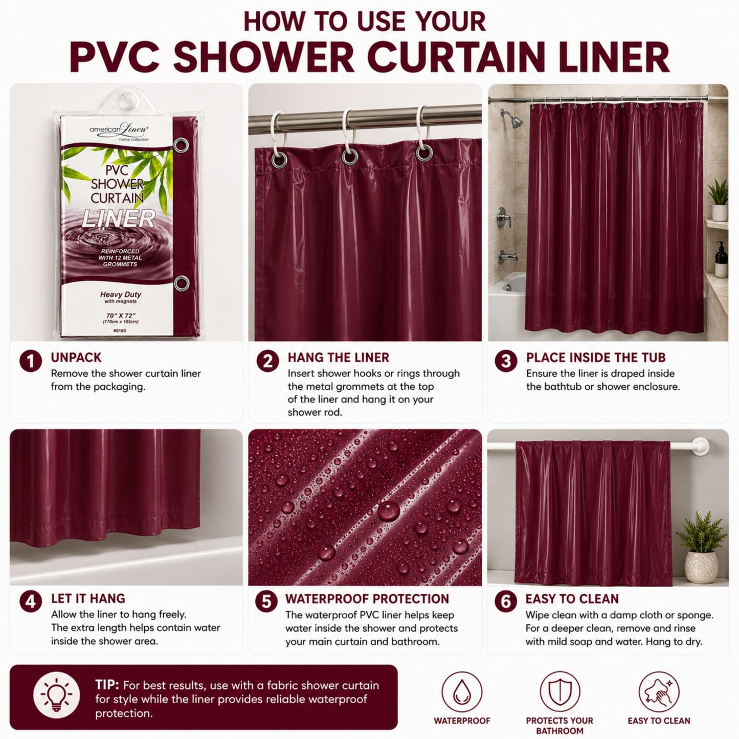 Instructions on how to use a PVC shower curtain liner with images and text.