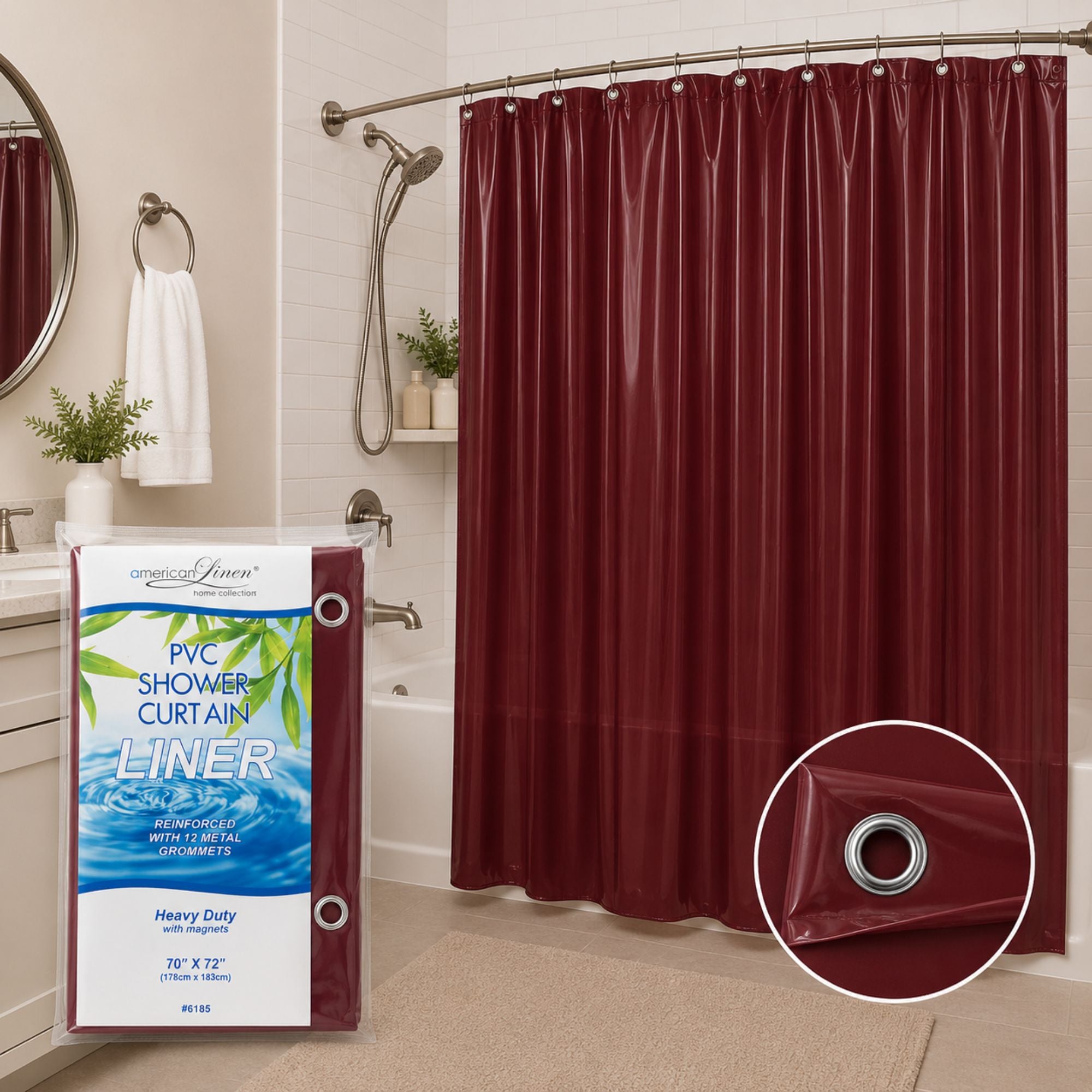 Maroon shower curtain with liner packaging in a bathroom setting