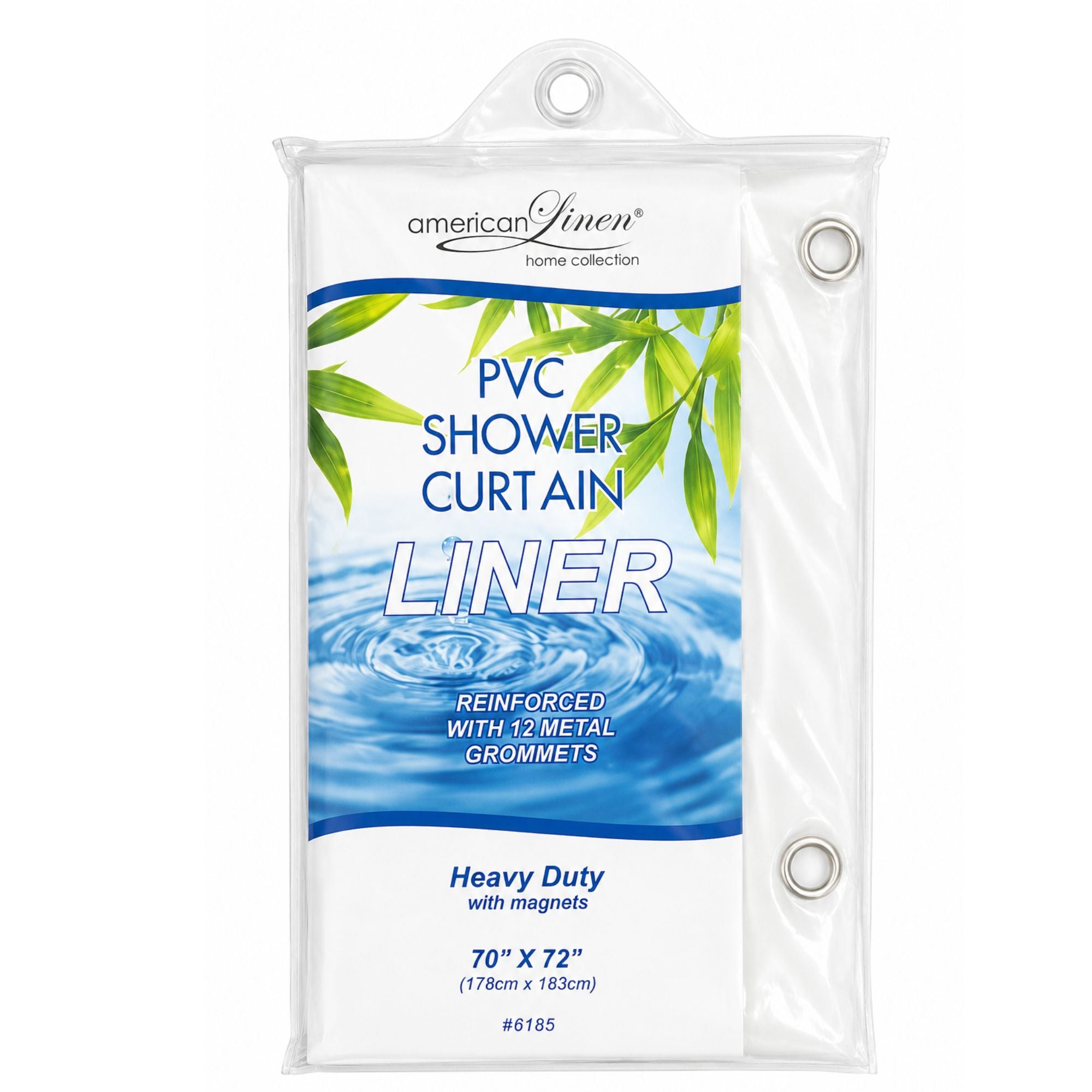 PVC shower curtain liner packaging with brand name and product details on a white background