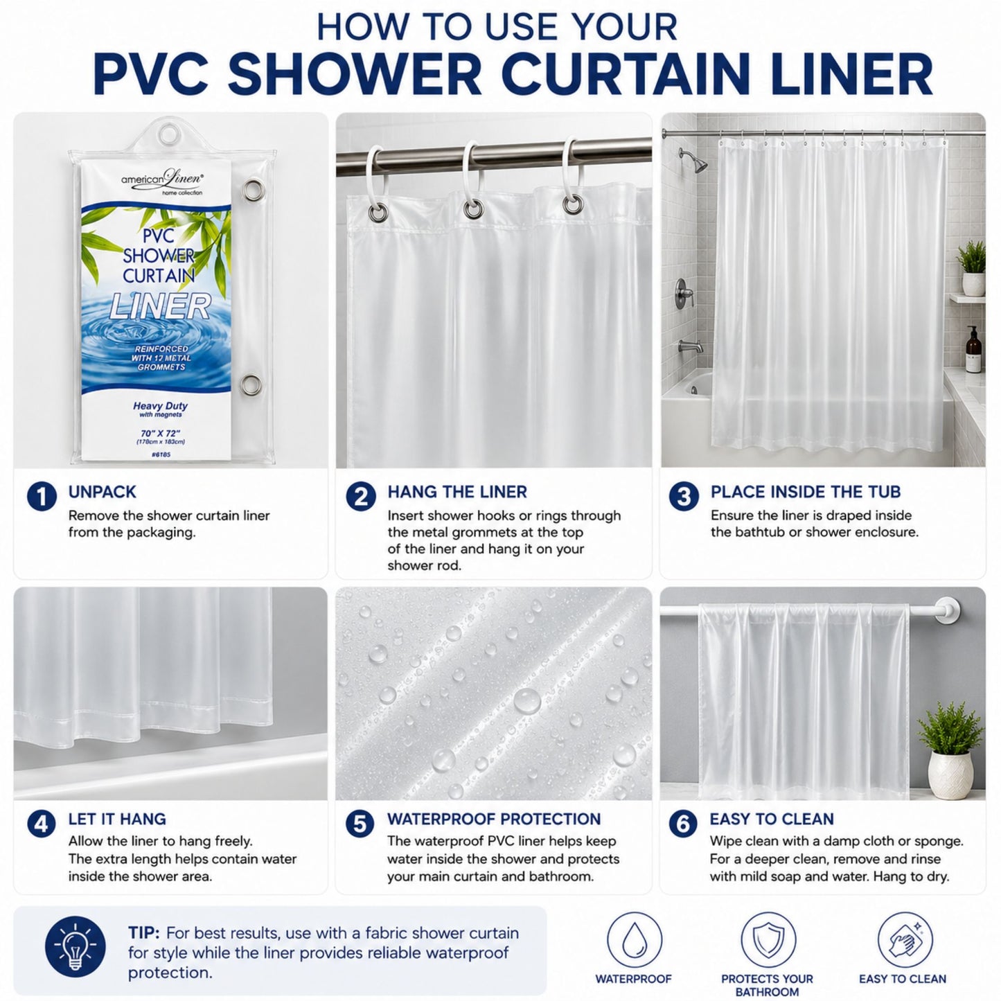 Step-by-step guide on how to use a PVC shower curtain liner with images and text.