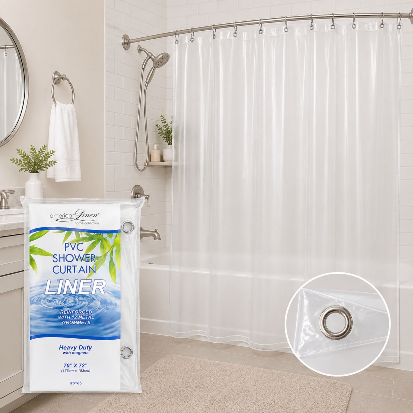 PVC shower curtain liner with packaging in a bathroom setting