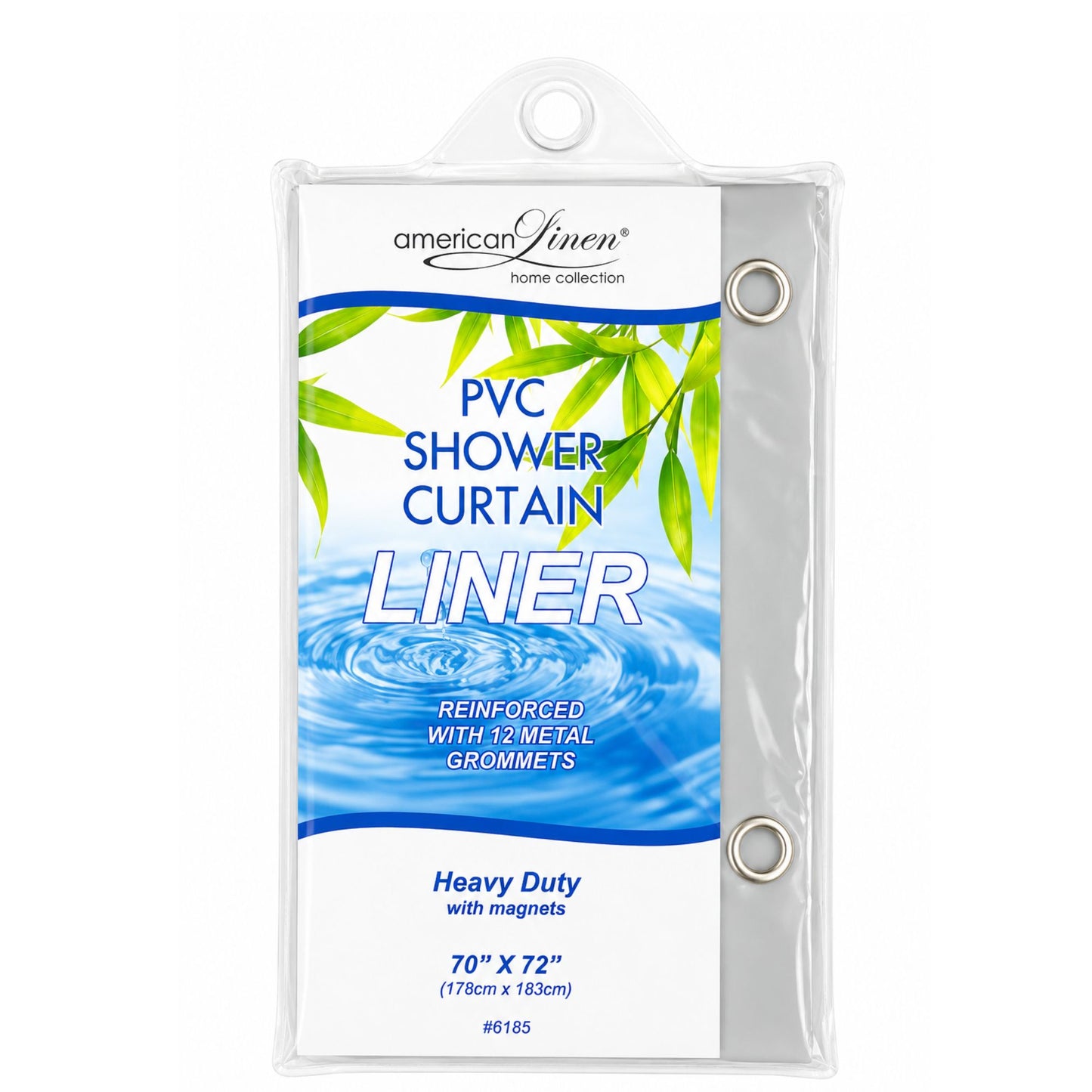 PVC shower curtain liner packaging with brand name and product details.