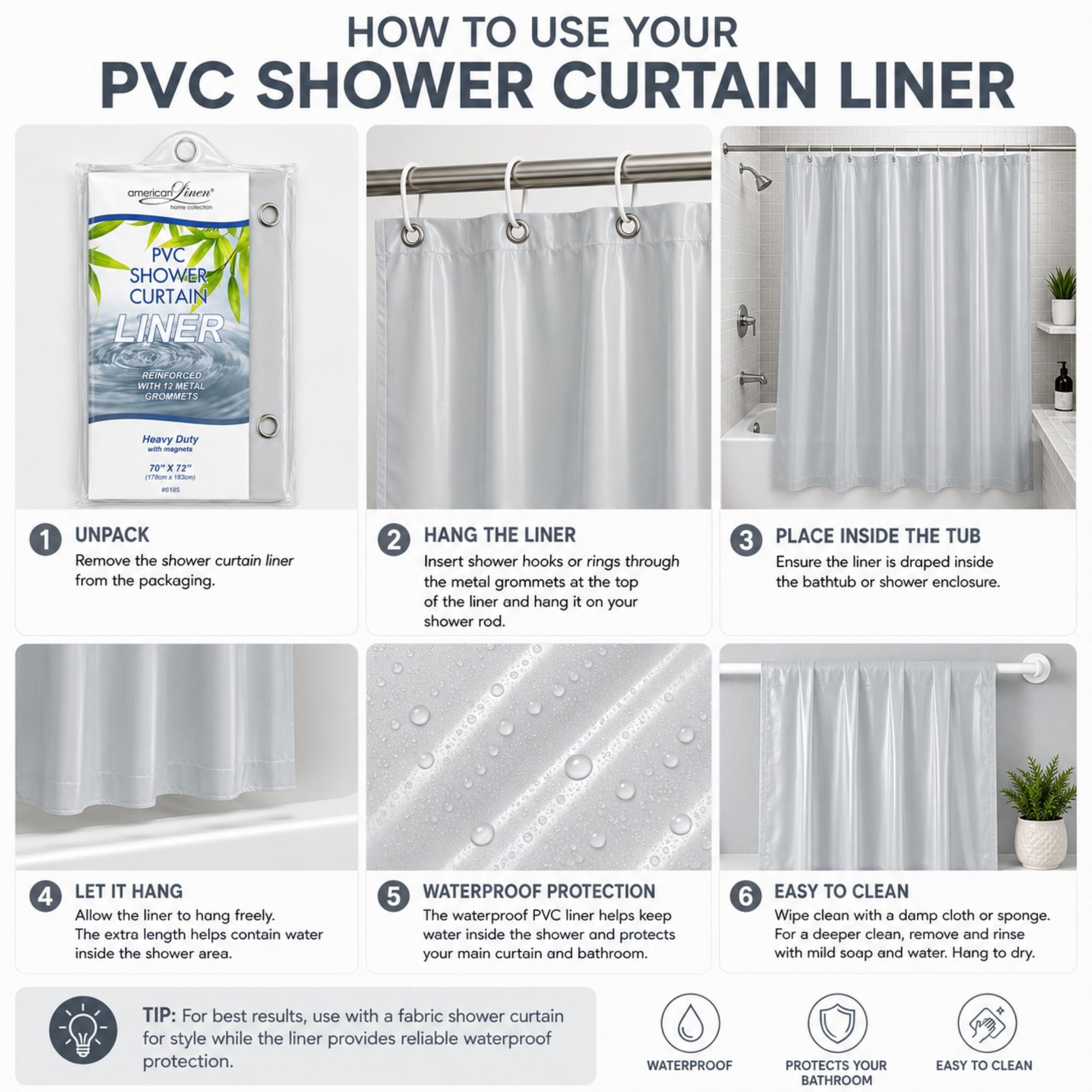 Instructions on how to use a PVC shower curtain liner with images and text.