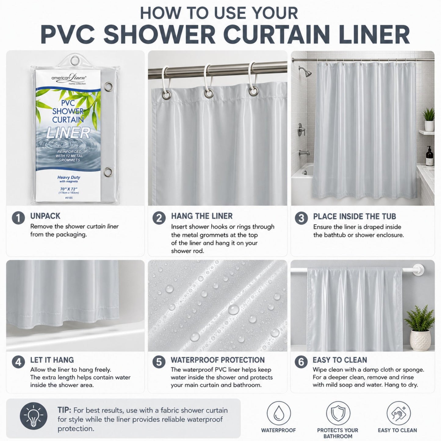 Instructions on how to use a PVC shower curtain liner with images and text.