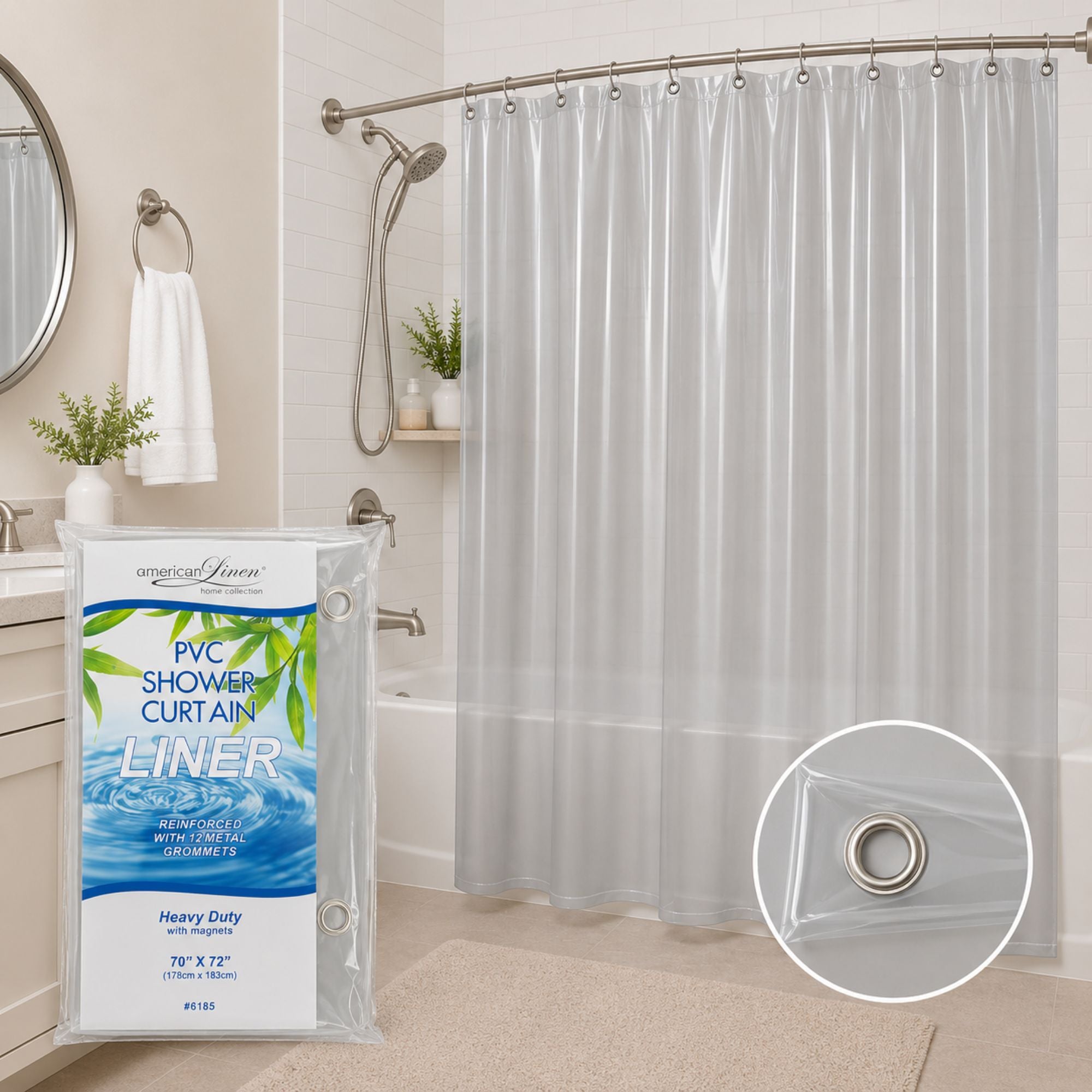 Clear shower curtain liner with packaging in a bathroom setting