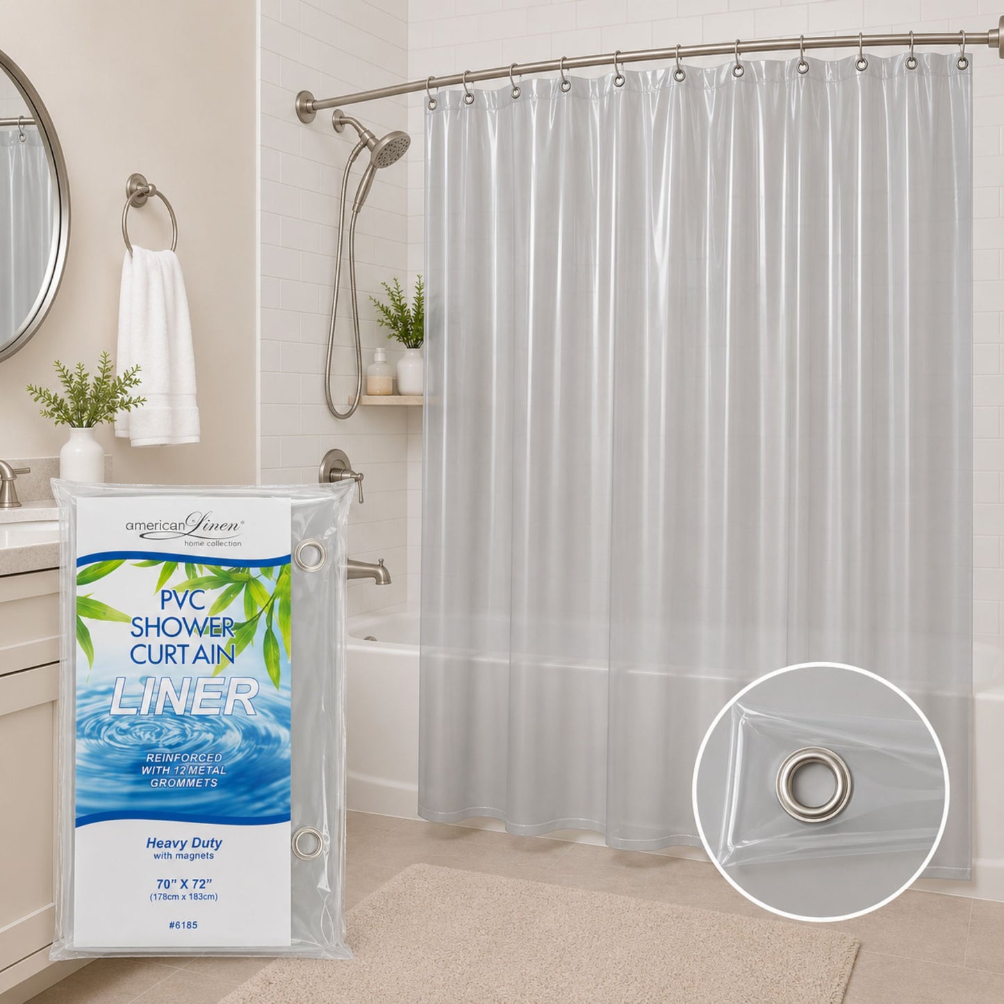 Clear shower curtain liner with packaging in a bathroom setting