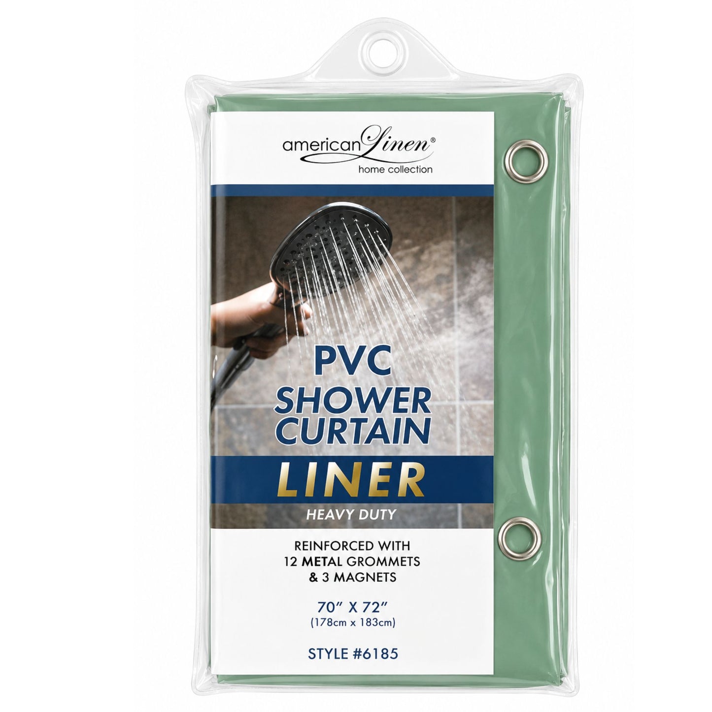 PVC shower curtain liner packaging with shower head image on a white background