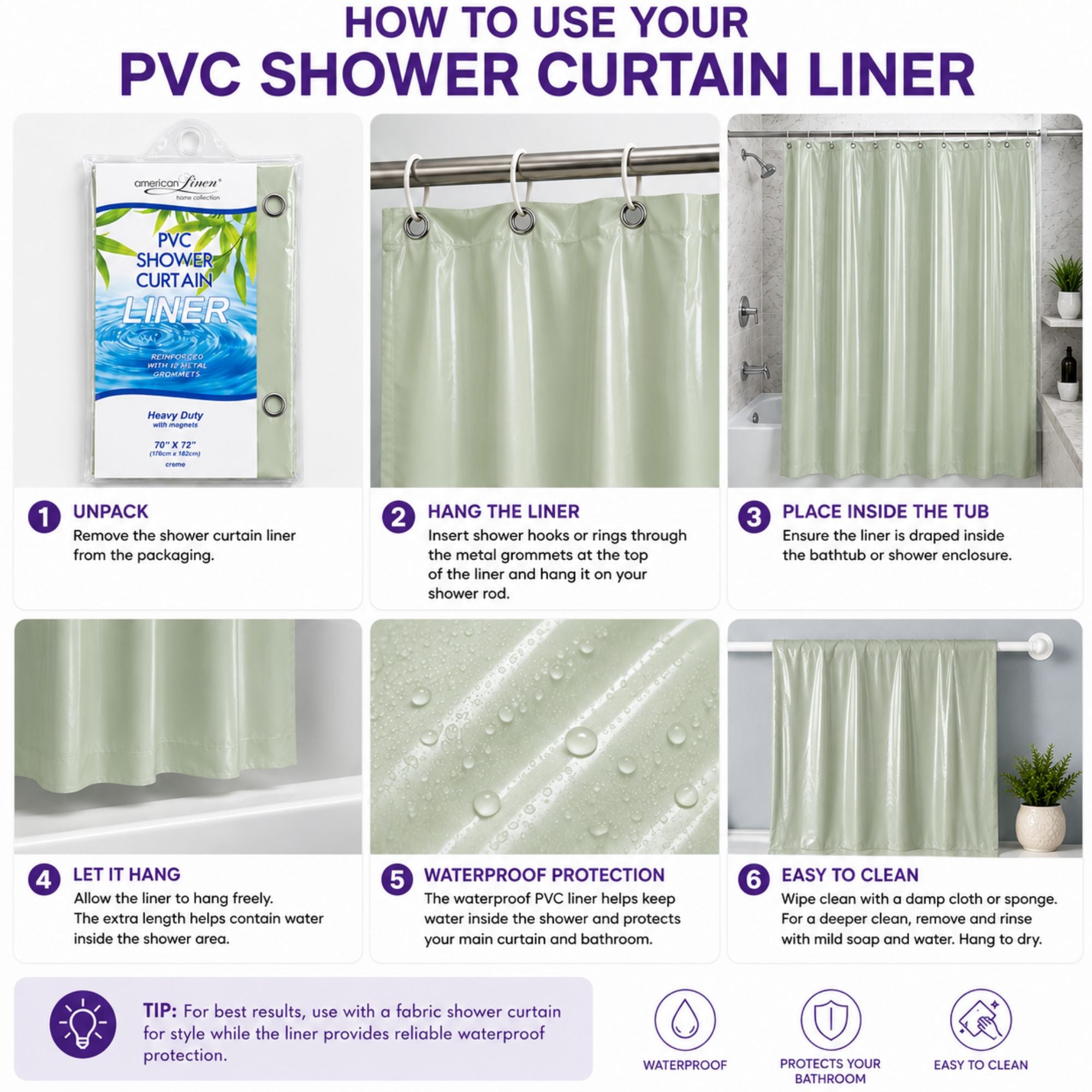 Step-by-step guide on how to use a PVC shower curtain liner with images and text.