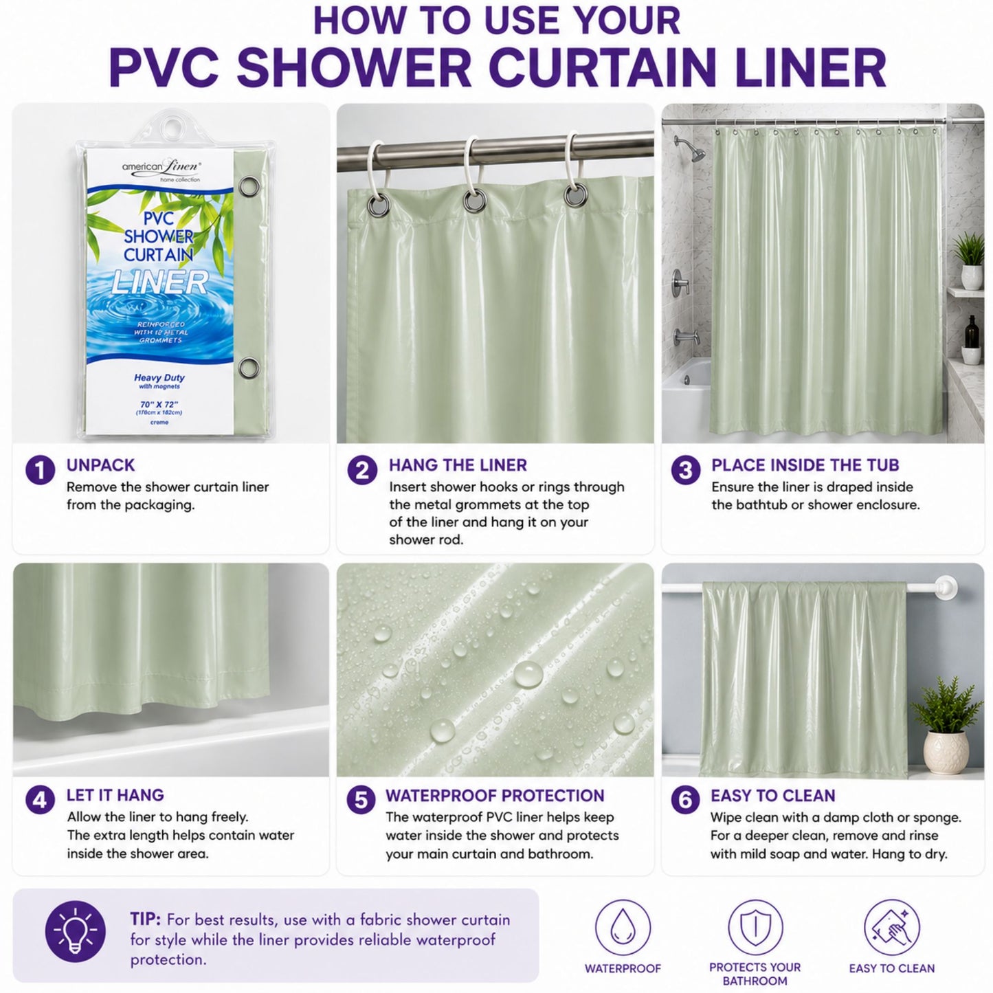 Step-by-step guide on how to use a PVC shower curtain liner with images and text.