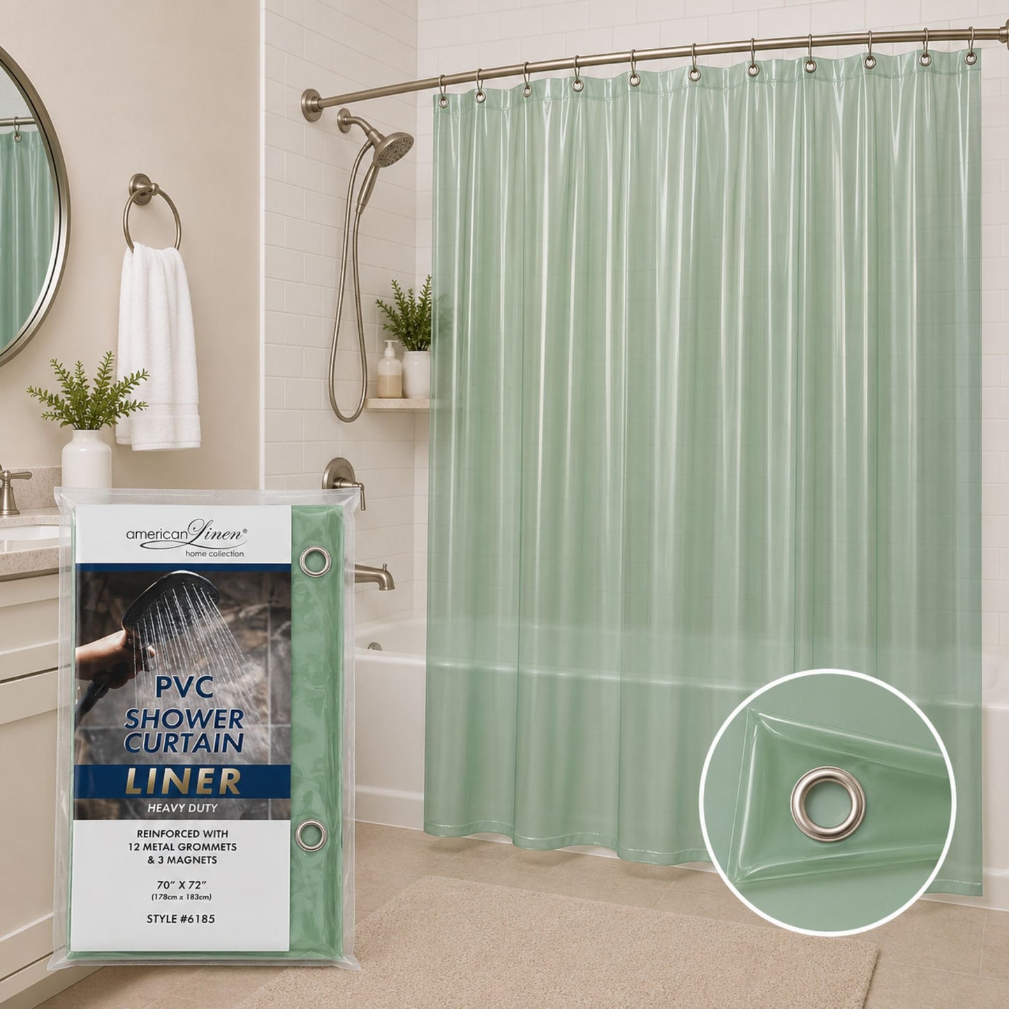Green shower curtain with packaging and close-up detail in a bathroom setting