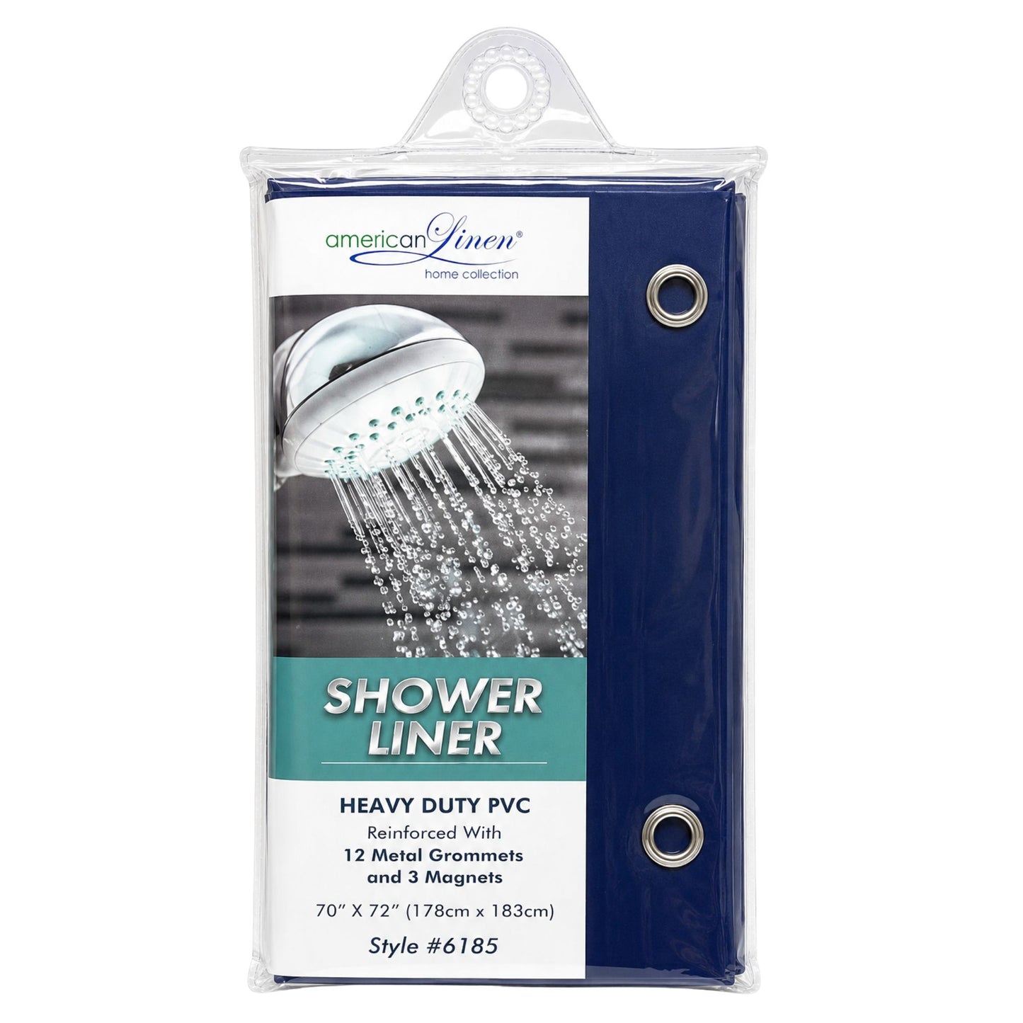 Packaged shower liner with American Linen branding and product details.