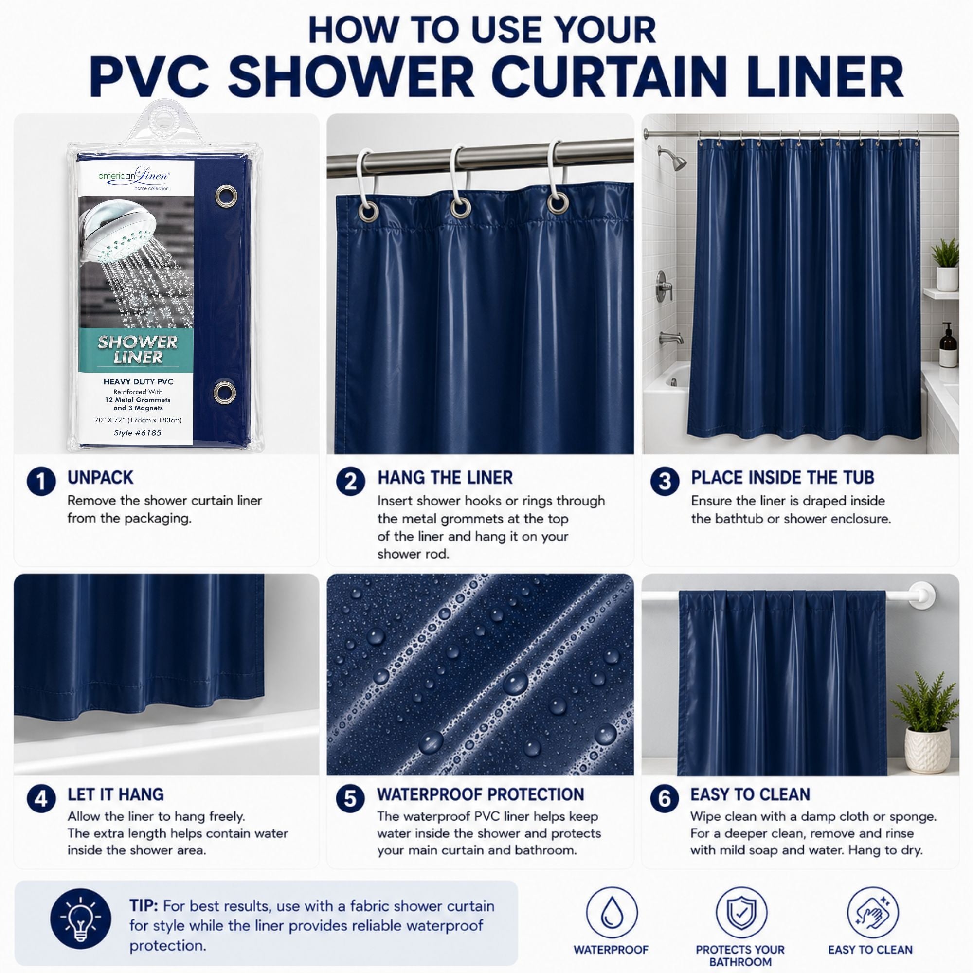 Step-by-step guide on how to use a PVC shower curtain liner with images and text.