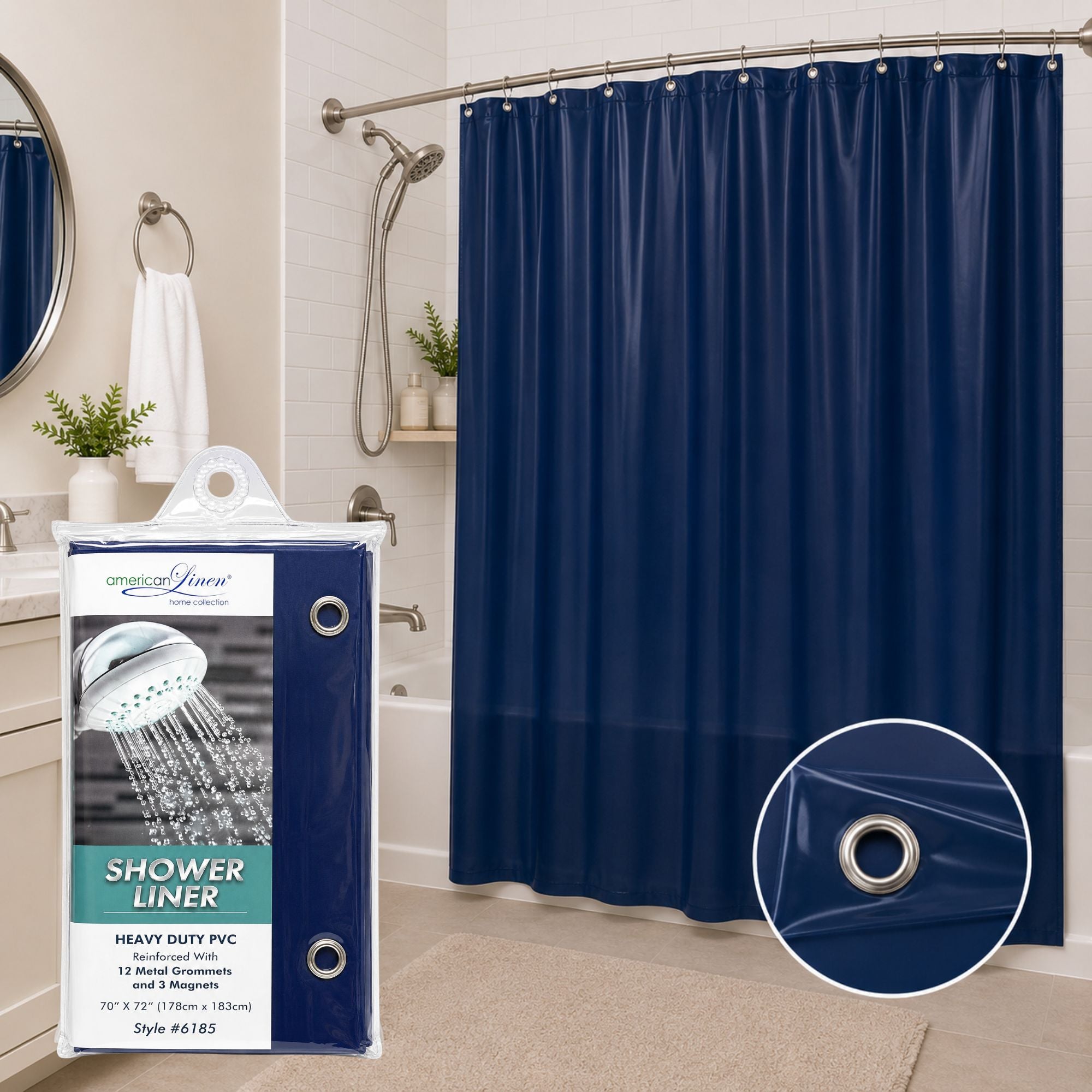 Navy blue shower curtain with packaging and close-up detail in a bathroom setting