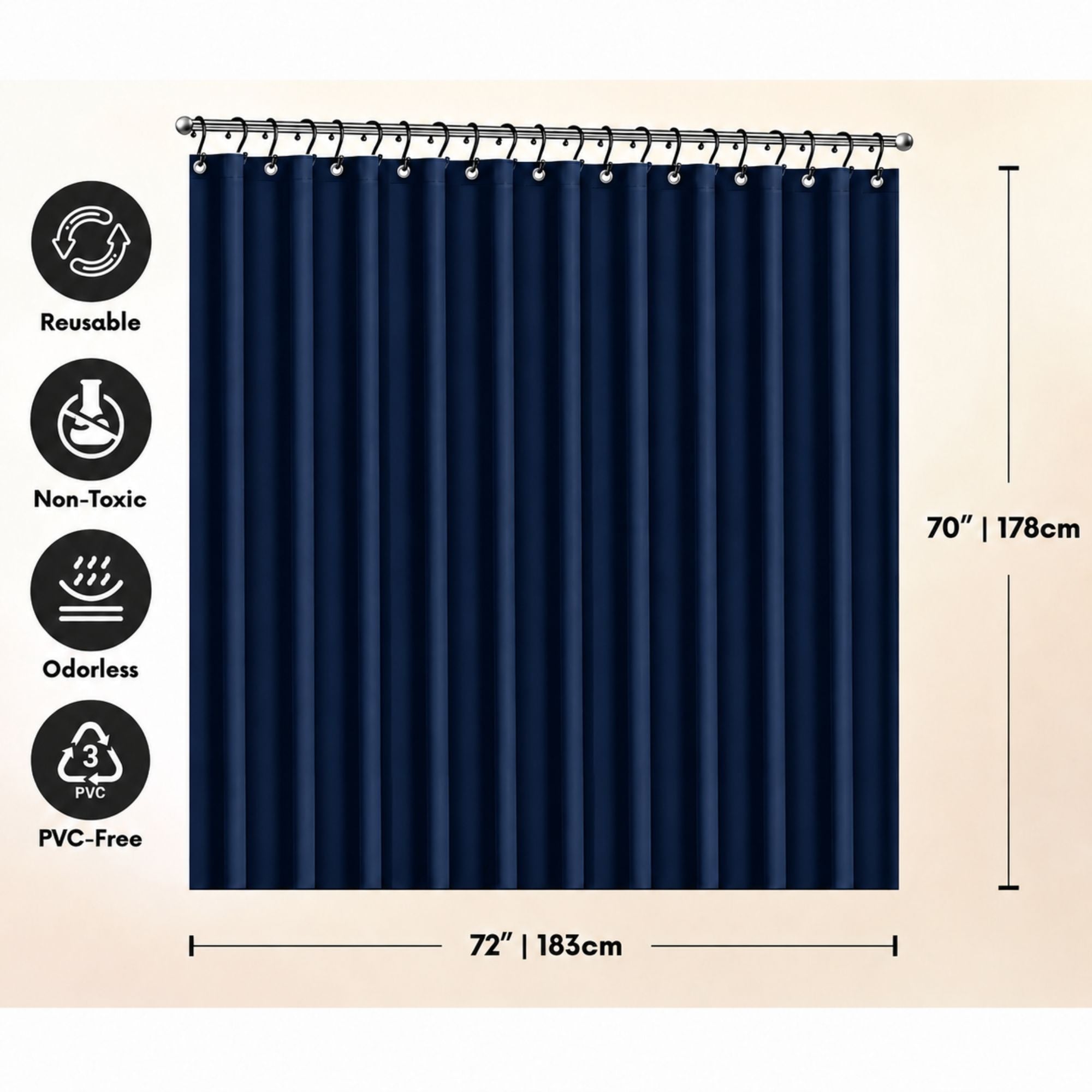 Navy blue shower curtain with measurement details on a beige background