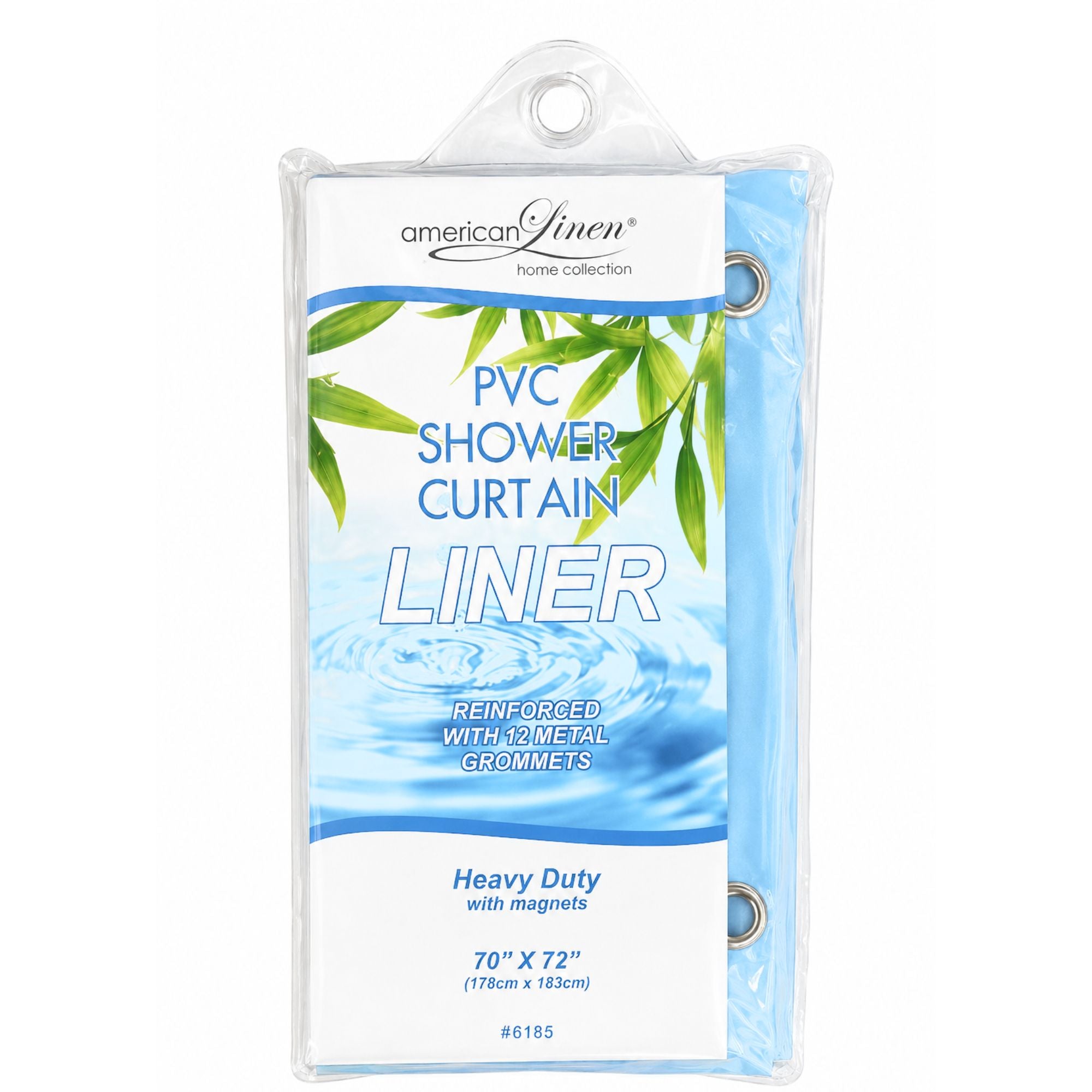 PVC shower curtain liner packaging with bamboo design on a white background