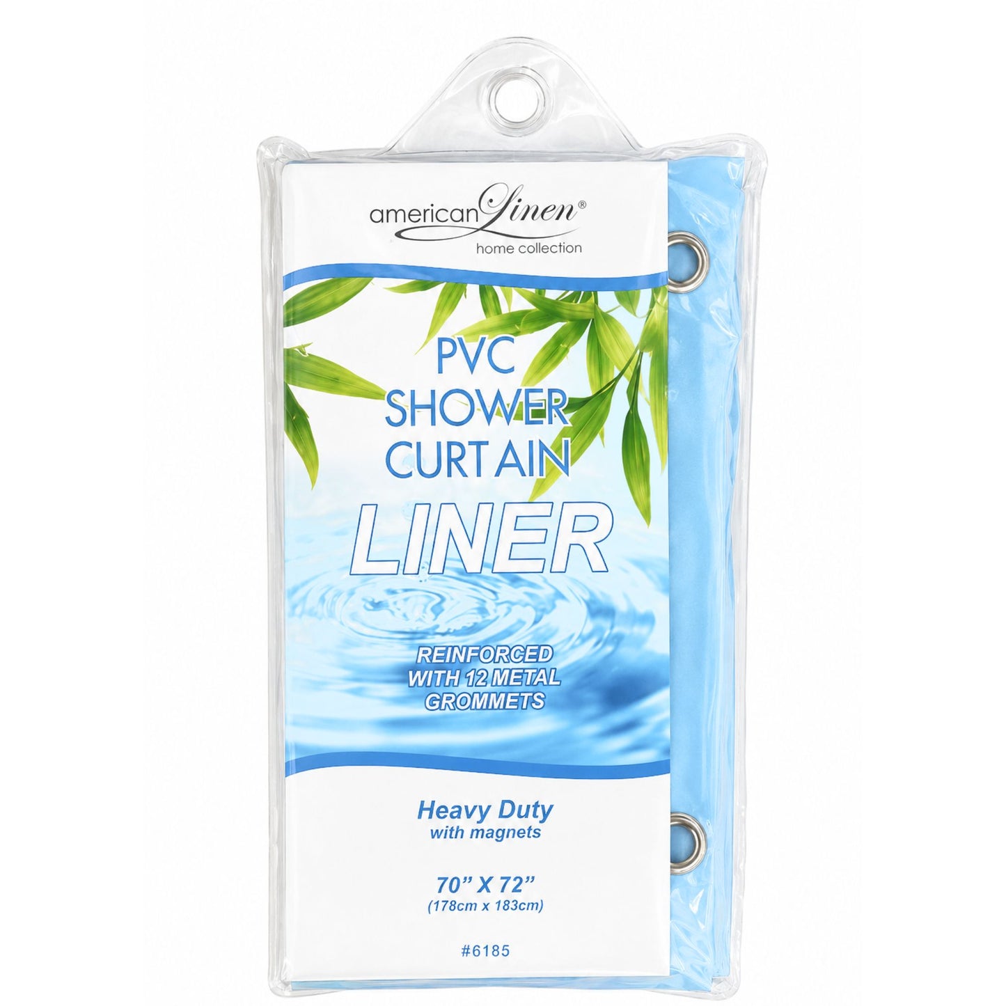 PVC shower curtain liner packaging with bamboo design on a white background