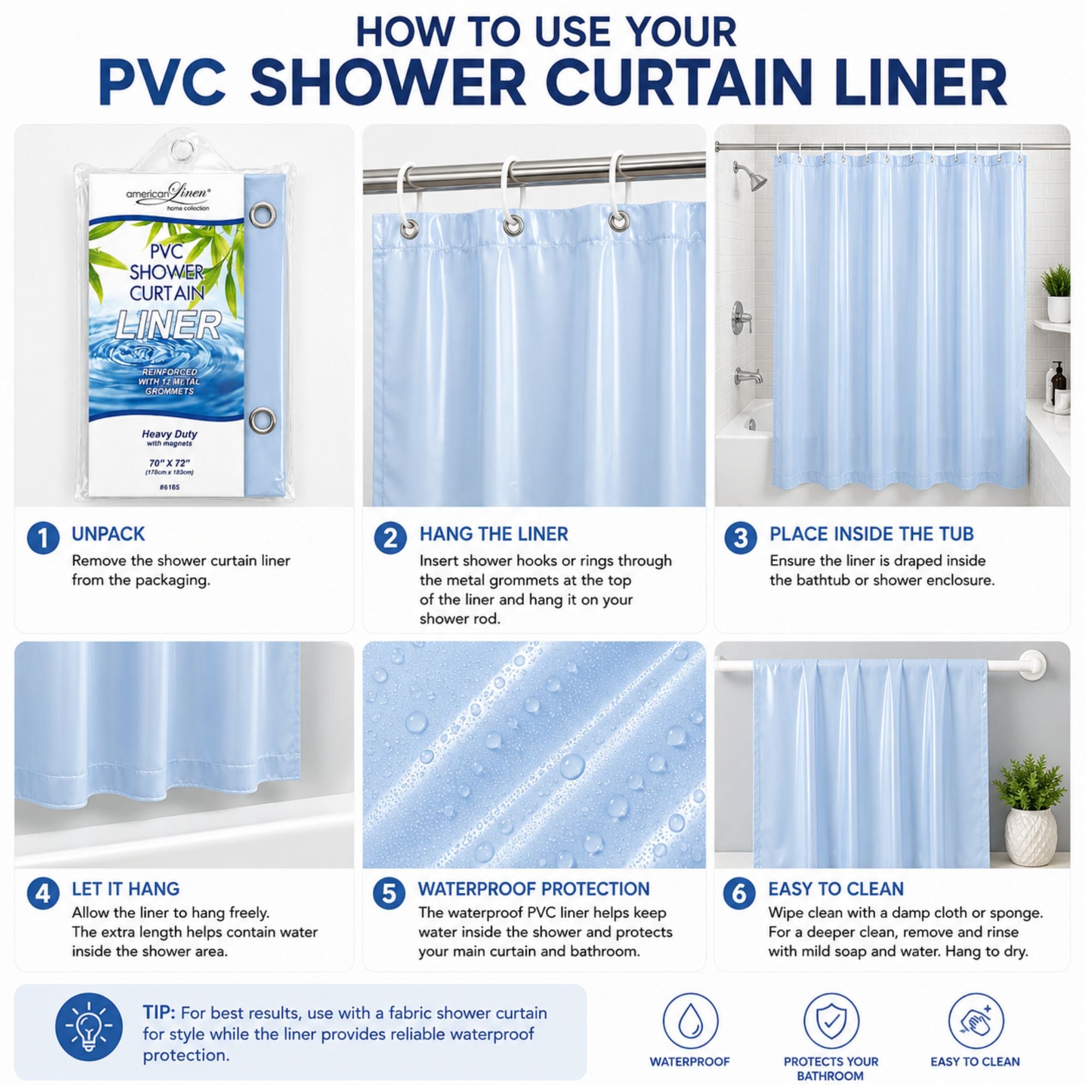 Step-by-step guide on how to use a PVC shower curtain liner with images and text.