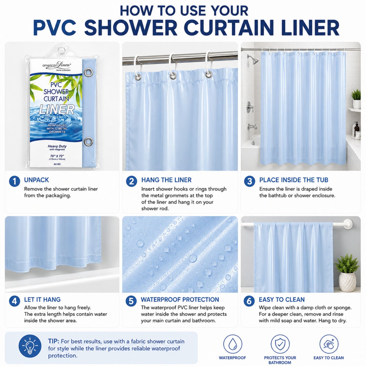 Step-by-step guide on how to use a PVC shower curtain liner with images and text.