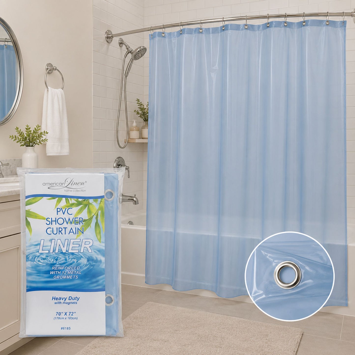 Blue shower curtain with liner packaging and close-up of a grommet in a bathroom.