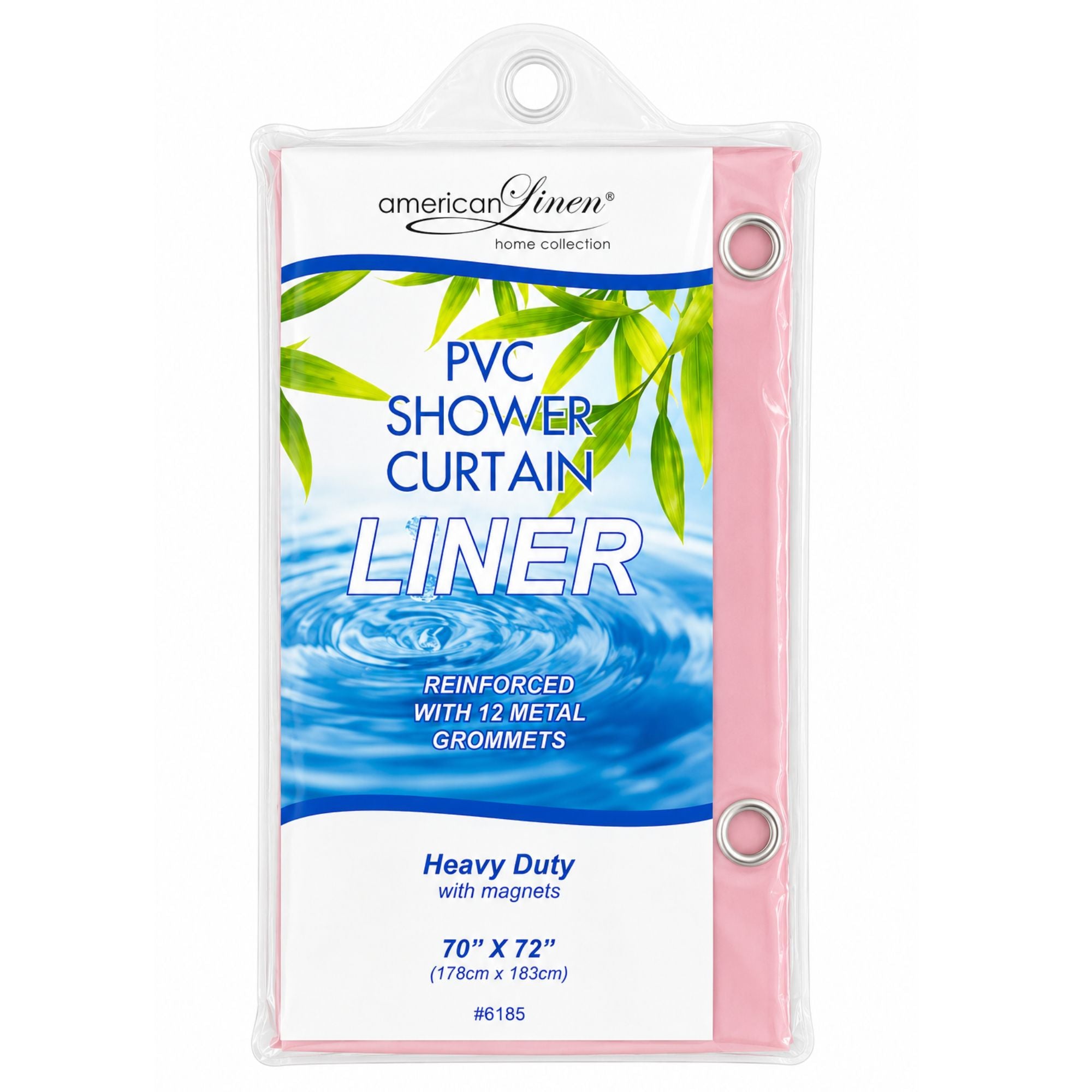 PVC shower curtain liner packaging with brand logo and product details.