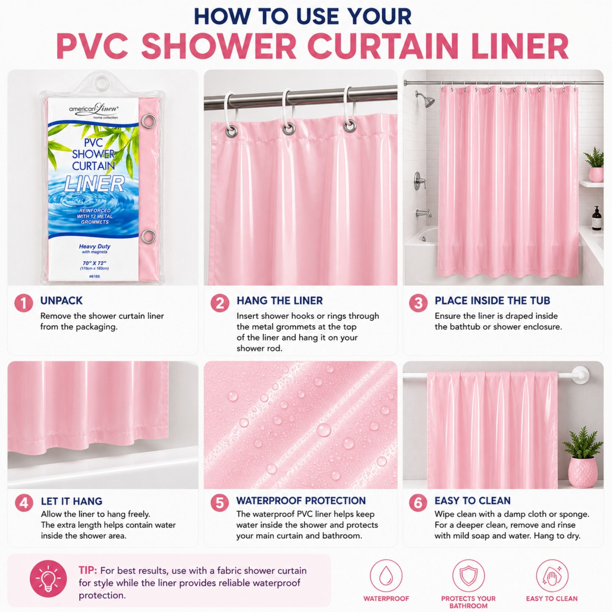 Step-by-step guide on how to use a PVC shower curtain liner with visual illustrations.
