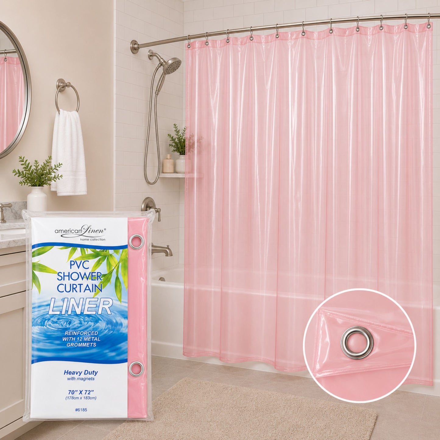 Pink shower curtain with liner packaging and close-up of a ring in a bathroom setting.